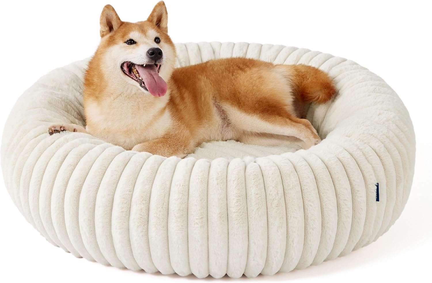 image:imageBedsure ComfyFleece Donut Dog Bed Medium Size Dog with Washable Cover 30x30x8in Calming Round Pet Bed Support Plush with Removable Corduroy Fleece for Senior DogAnti Slip BottomSandy BeigeCream