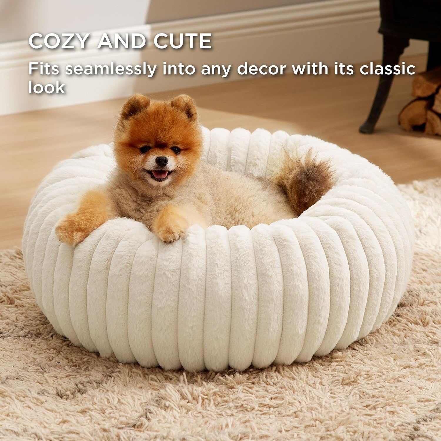 image:imageBedsure ComfyFleece Donut Dog Bed Medium Size Dog with Washable Cover 30x30x8in Calming Round Pet Bed Support Plush with Removable Corduroy Fleece for Senior DogAnti Slip BottomSandy BeigeCream