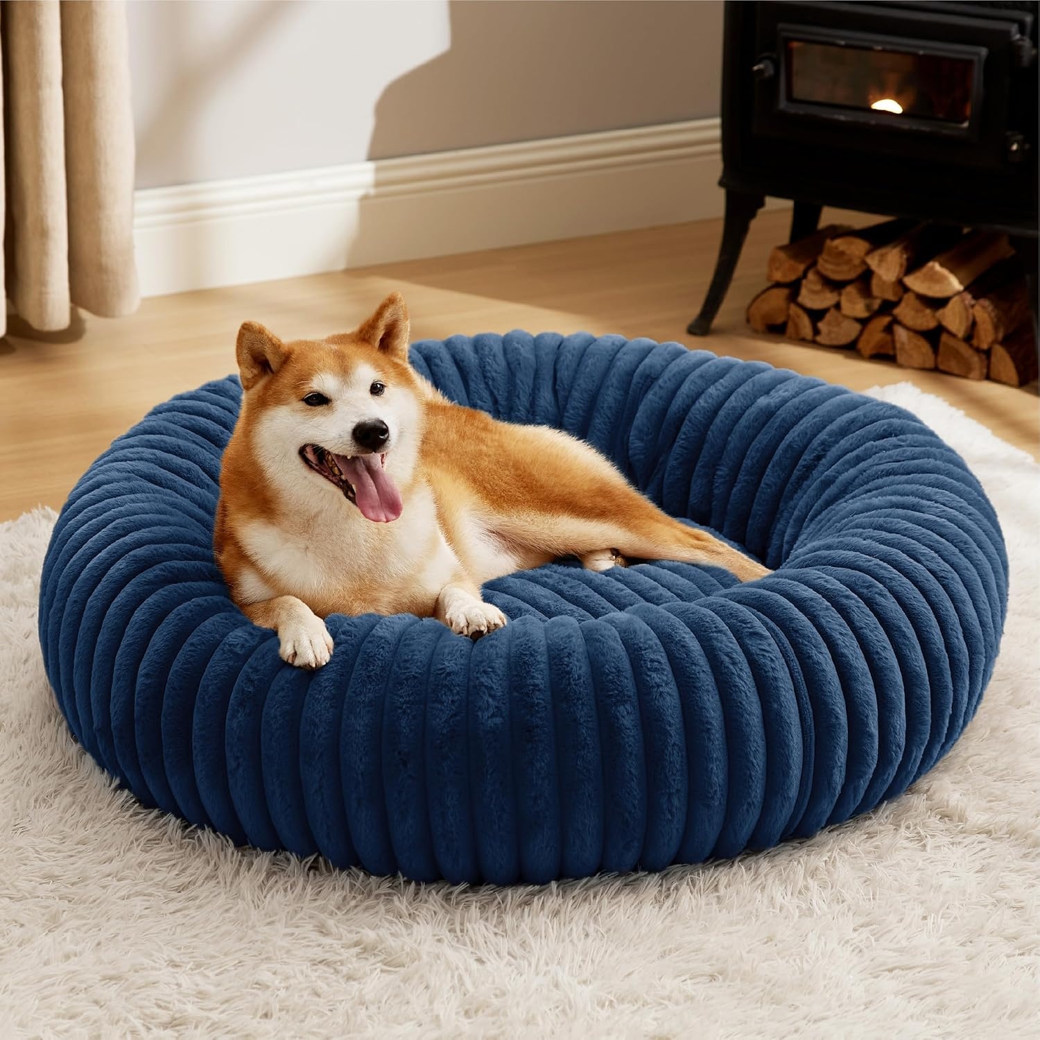 image:imageBedsure ComfyFleece Donut Dog Bed Medium Size Dog with Washable Cover 30x30x8in Calming Round Pet Bed Support Plush with Removable Corduroy Fleece for Senior DogAnti Slip BottomSandy BeigeNight Blue