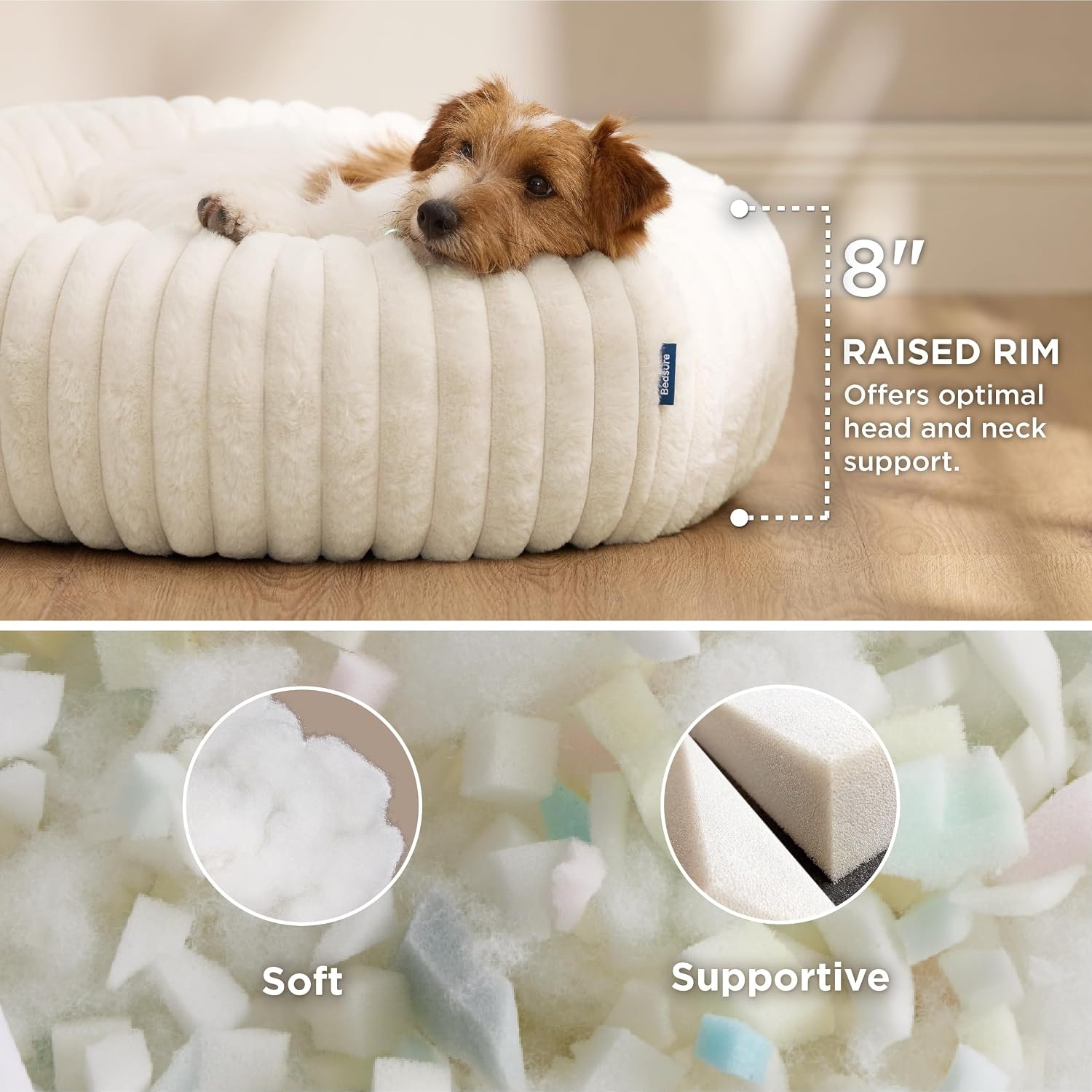 image:imageBedsure ComfyFleece Donut Dog Bed Medium Size Dog with Washable Cover 30x30x8in Calming Round Pet Bed Support Plush with Removable Corduroy Fleece for Senior DogAnti Slip BottomSandy BeigeCream