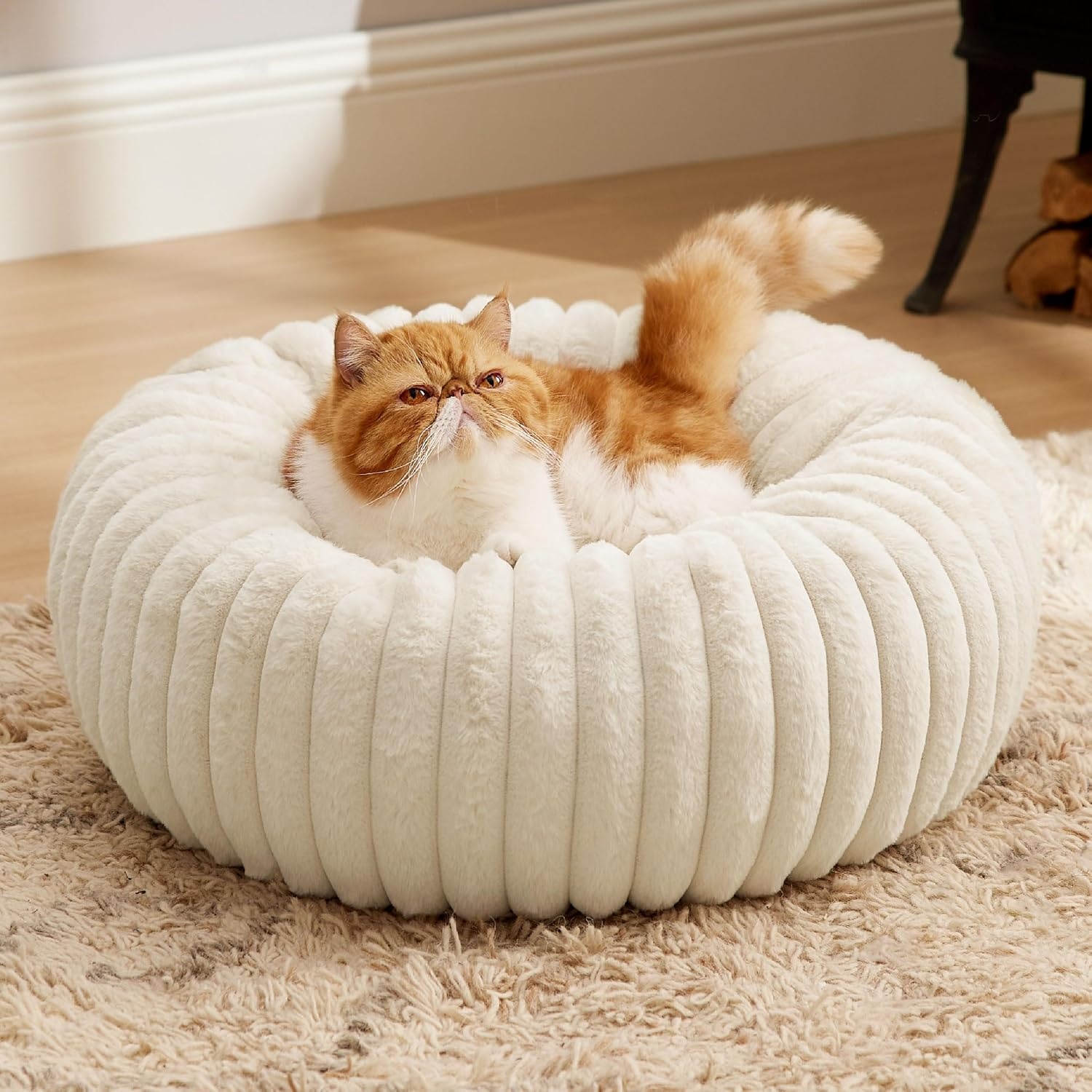 image:imageBedsure ComfyFleece Donut Dog Bed Medium Size Dog with Washable Cover 30x30x8in Calming Round Pet Bed Support Plush with Removable Corduroy Fleece for Senior DogAnti Slip BottomSandy BeigeCream