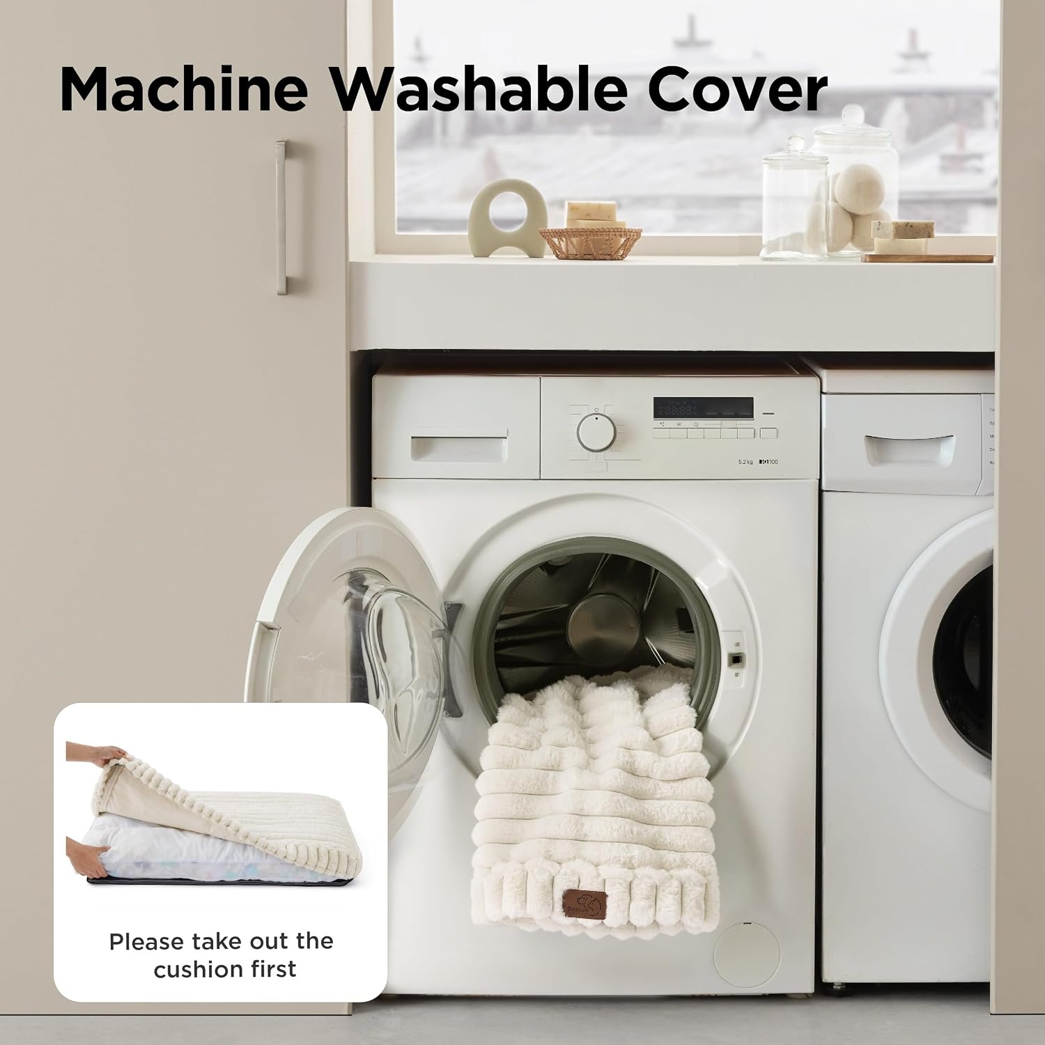 image:imageBedsure ComfyFleece Fluffy Balanced Support XL Dog Bed for Crate41x27 Golden Ratio Chopped Foam amp PP Cotton Home DecorWaterproof Liner Removable Washable Cover Nonslip BottomSandy BeigeCream