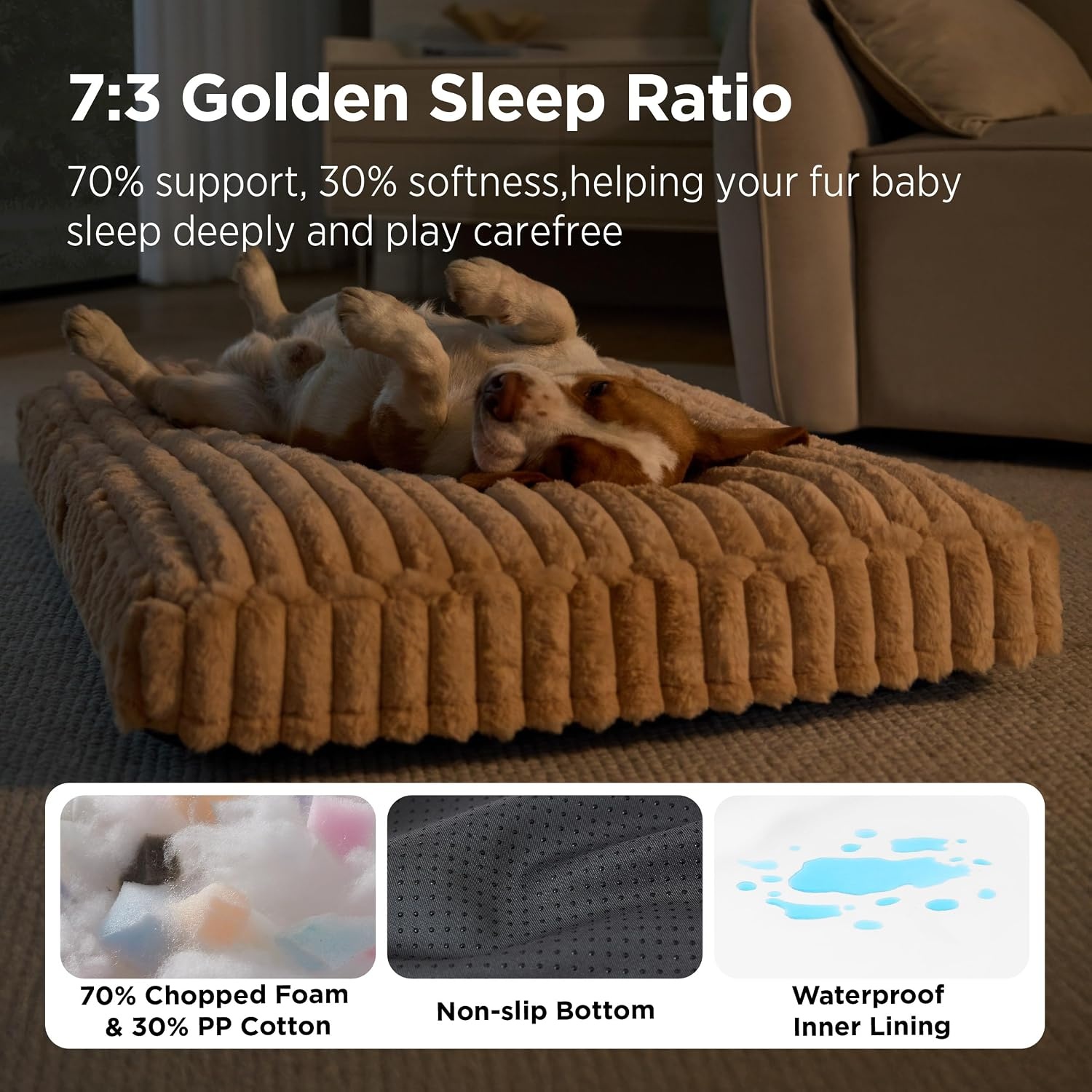 image:imageBedsure ComfyFleece Fluffy Balanced Support XL Dog Bed for Crate41x27 Golden Ratio Chopped Foam amp PP Cotton Home DecorWaterproof Liner Removable Washable Cover Nonslip BottomSandy BeigeSandy Beige