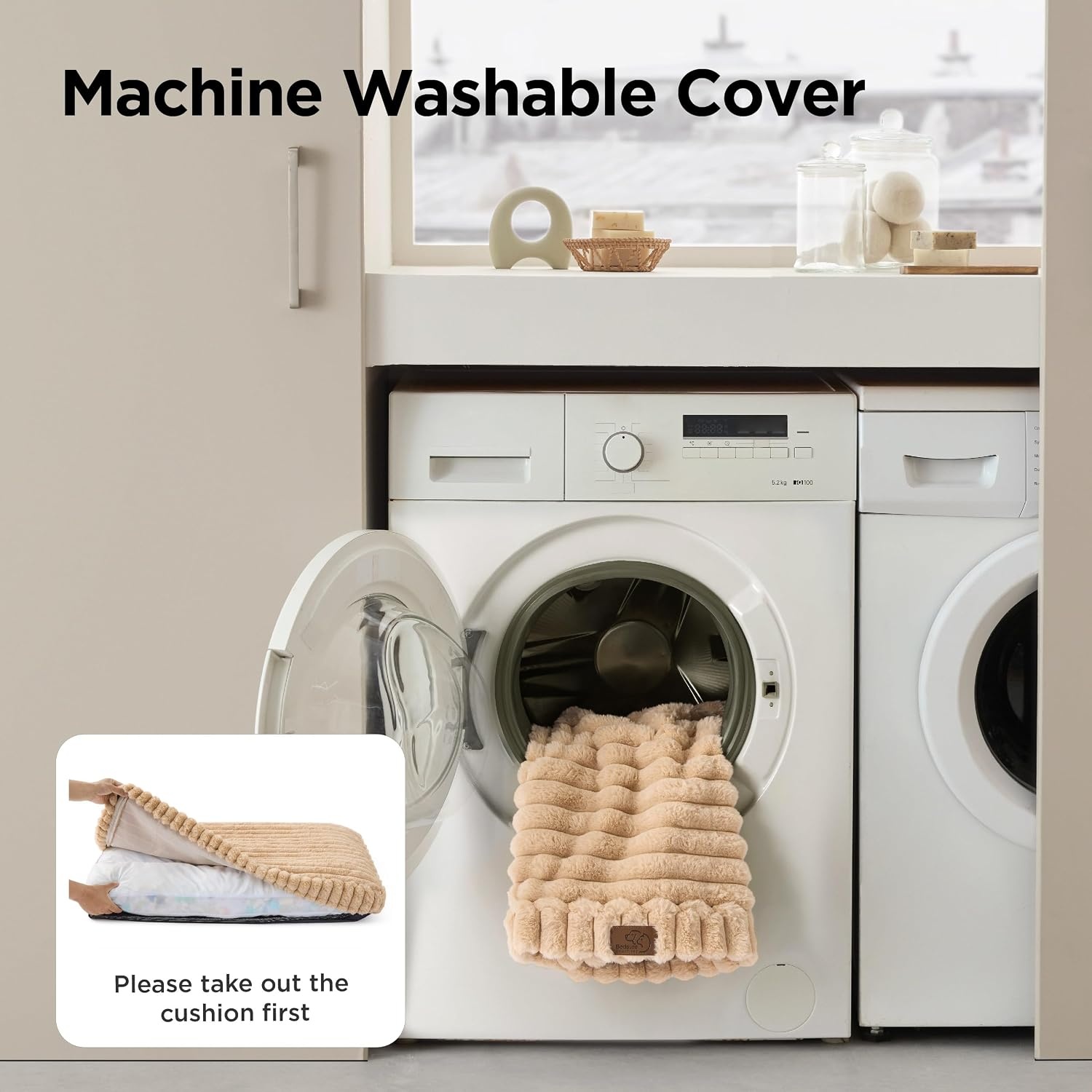 image:imageBedsure ComfyFleece Fluffy Balanced Support XL Dog Bed for Crate41x27 Golden Ratio Chopped Foam amp PP Cotton Home DecorWaterproof Liner Removable Washable Cover Nonslip BottomSandy BeigeSandy Beige