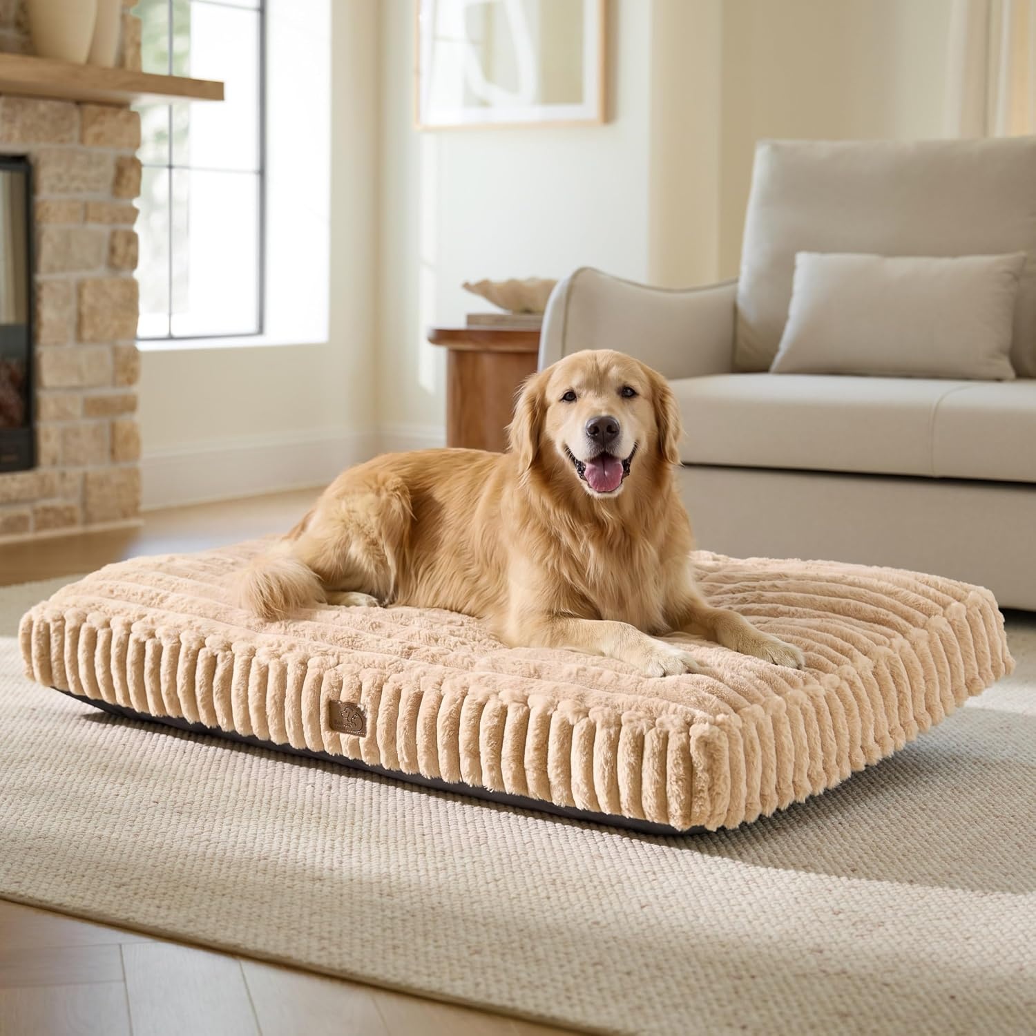 image:imageBedsure ComfyFleece Fluffy Balanced Support XL Dog Bed for Crate41x27 Golden Ratio Chopped Foam amp PP Cotton Home DecorWaterproof Liner Removable Washable Cover Nonslip BottomSandy BeigeSandy Beige