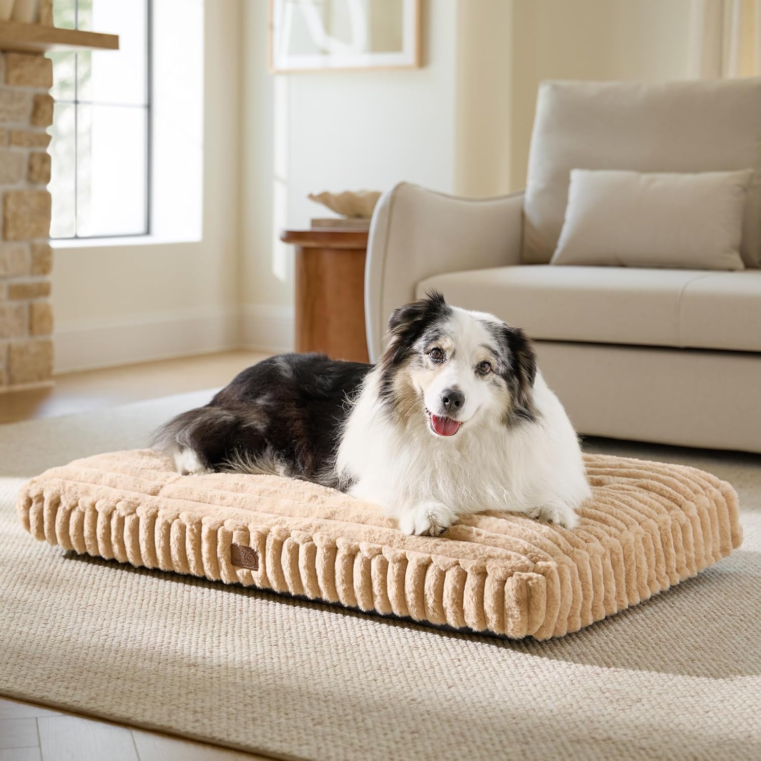 image:imageBedsure ComfyFleece Fluffy Balanced Support XL Dog Bed for Crate41x27 Golden Ratio Chopped Foam amp PP Cotton Home DecorWaterproof Liner Removable Washable Cover Nonslip BottomSandy BeigeSandy Beige