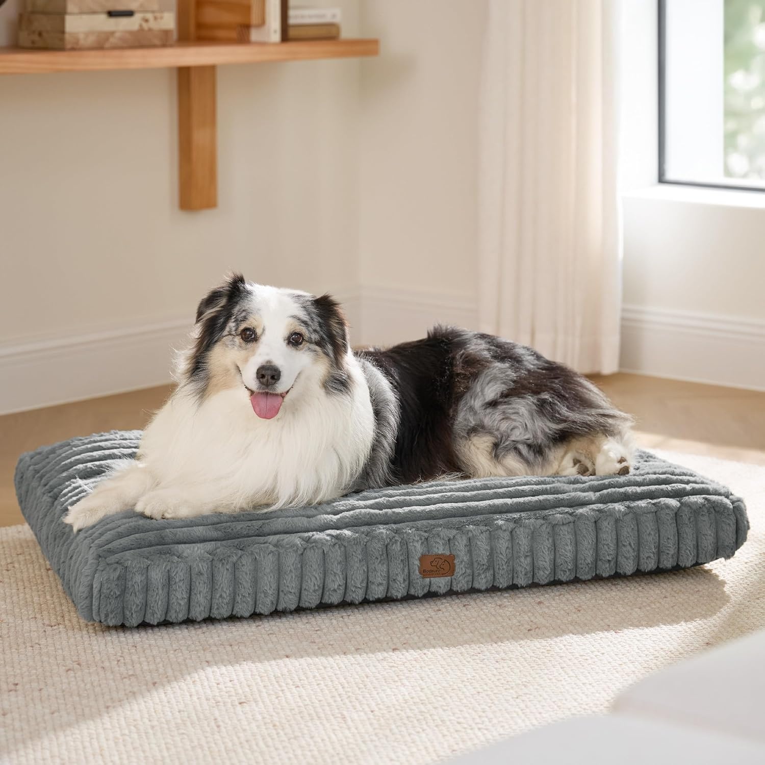 image:imageBedsure ComfyFleece Fluffy Balanced Support XL Dog Bed for Crate41x27 Golden Ratio Chopped Foam amp PP Cotton Home DecorWaterproof Liner Removable Washable Cover Nonslip BottomSandy BeigeGrey