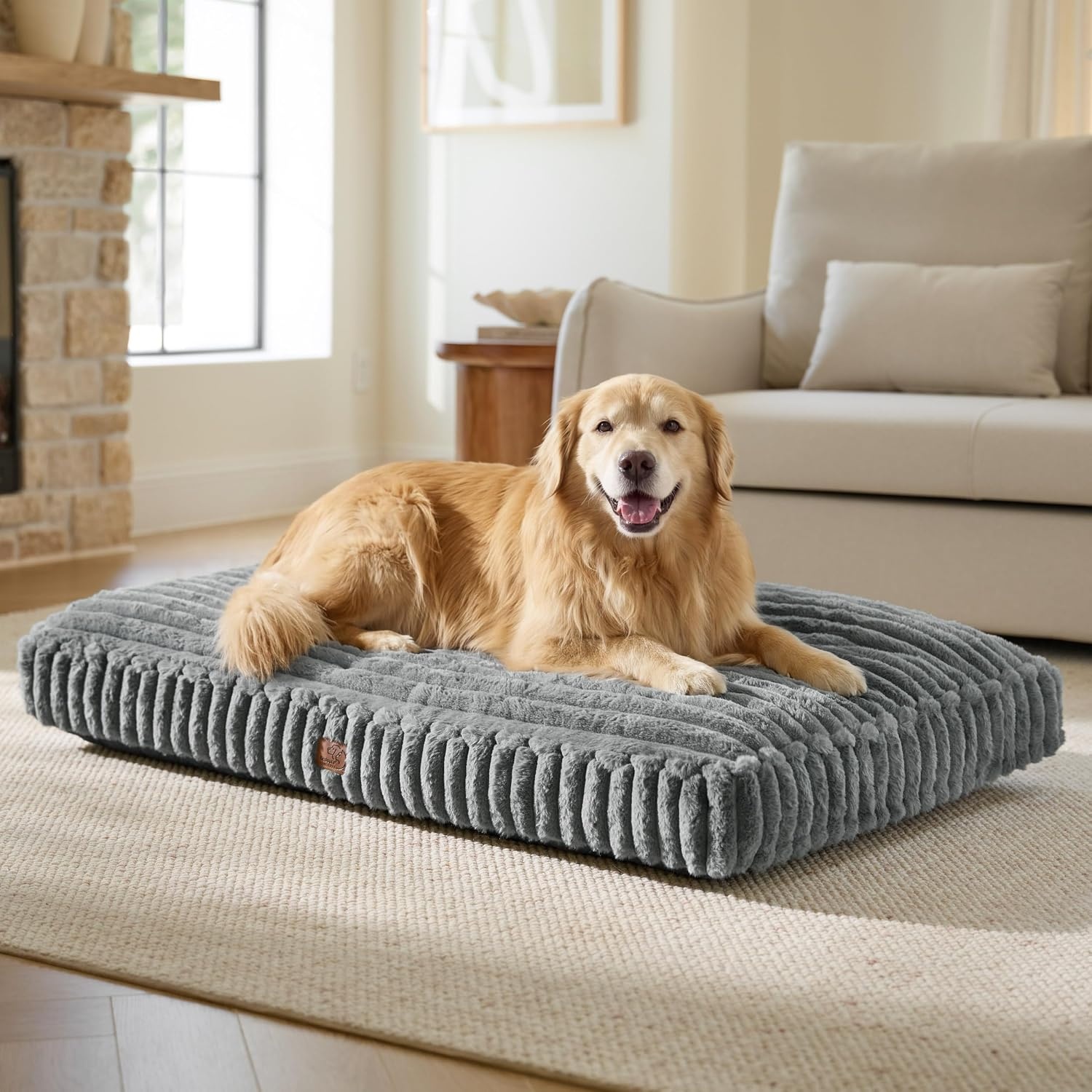image:imageBedsure ComfyFleece Fluffy Balanced Support XL Dog Bed for Crate41x27 Golden Ratio Chopped Foam amp PP Cotton Home DecorWaterproof Liner Removable Washable Cover Nonslip BottomSandy BeigeGrey
