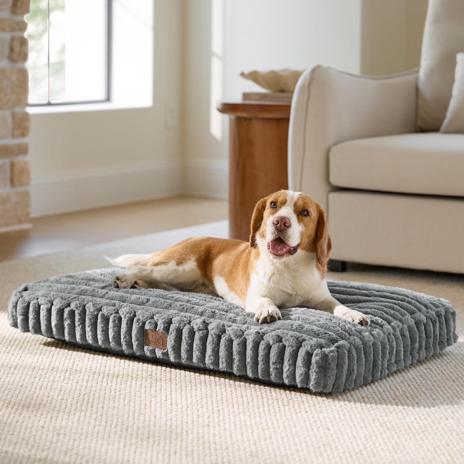 image:imageBedsure ComfyFleece Fluffy Balanced Support XL Dog Bed for Crate41x27 Golden Ratio Chopped Foam amp PP Cotton Home DecorWaterproof Liner Removable Washable Cover Nonslip BottomSandy BeigeGrey