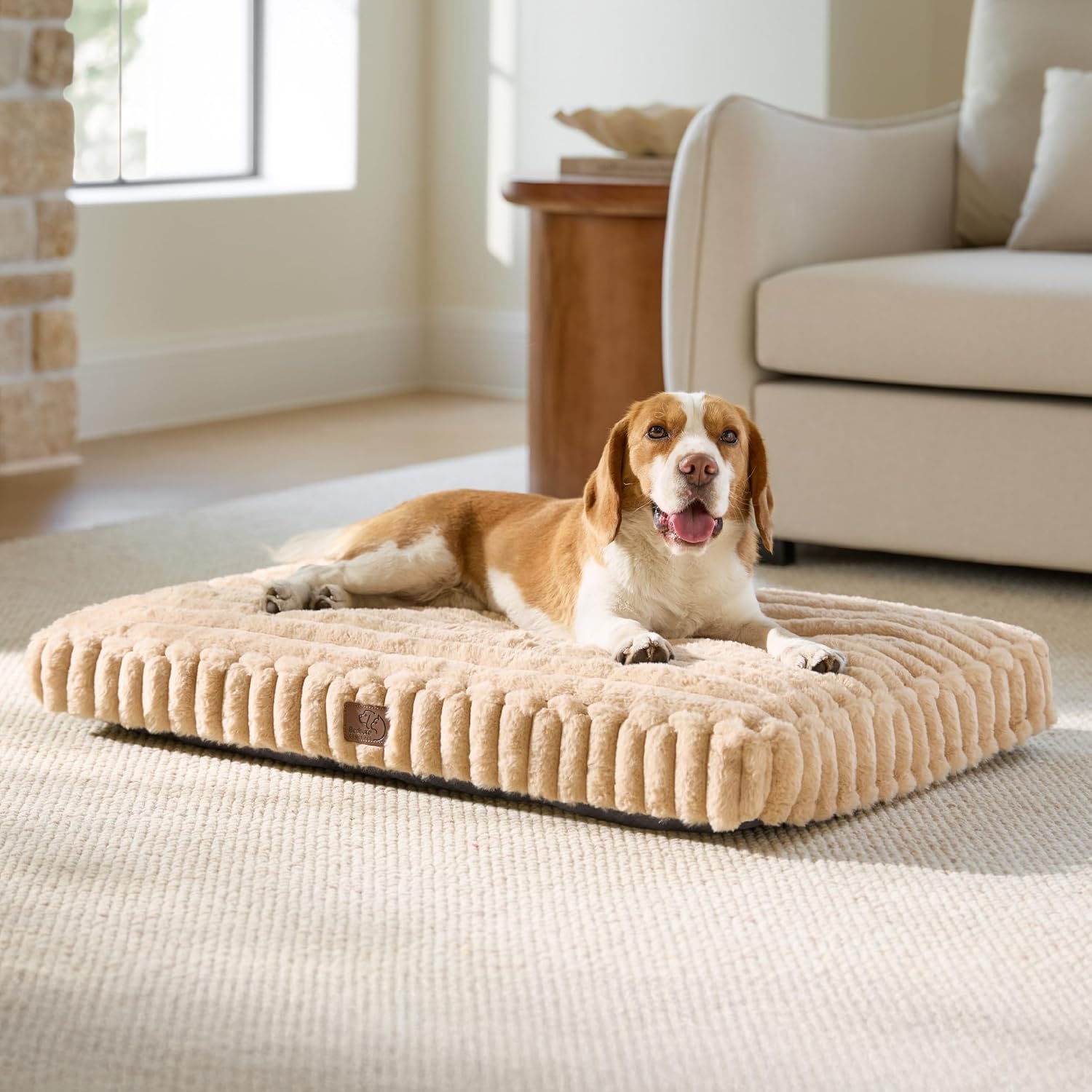 image:imageBedsure ComfyFleece Fluffy Balanced Support XL Dog Bed for Crate41x27 Golden Ratio Chopped Foam amp PP Cotton Home DecorWaterproof Liner Removable Washable Cover Nonslip BottomSandy BeigeSandy Beige
