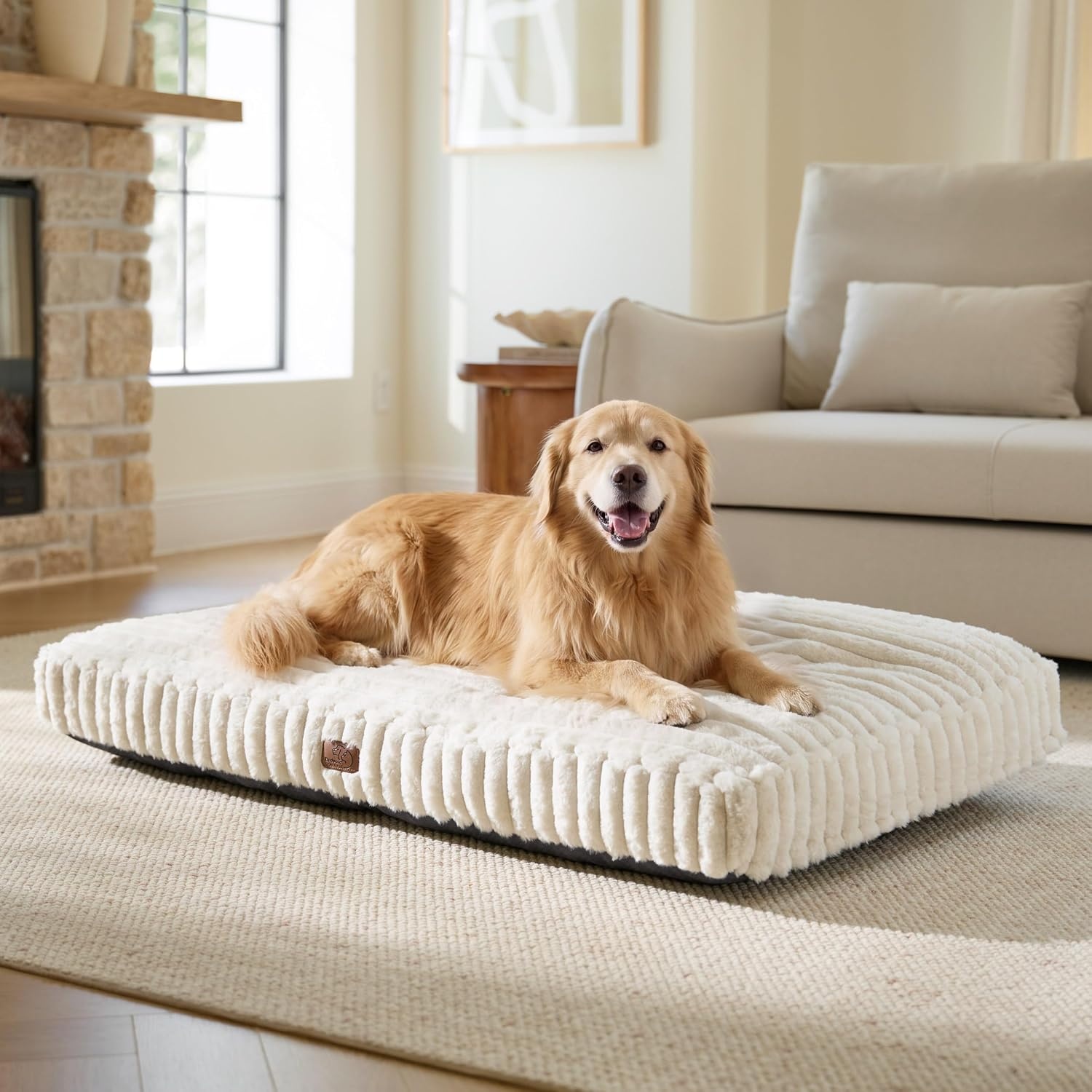 image:imageBedsure ComfyFleece Fluffy Balanced Support XL Dog Bed for Crate41x27 Golden Ratio Chopped Foam amp PP Cotton Home DecorWaterproof Liner Removable Washable Cover Nonslip BottomSandy BeigeCream
