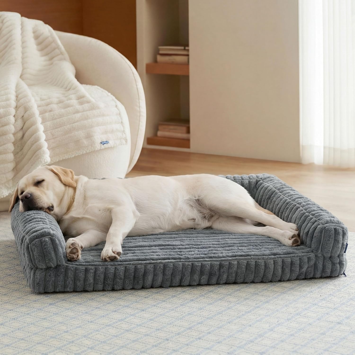 image:imageBedsure ComfyFleece Memory Foam Orthopedic Dog Beds Medium Size Dog 30 Comfort EggCrate Foam Couch Sofa Washable Corduroy CoverCozy Bolstor Waterproof Pet Bed with SidesNonSlip BottomCreamGrey
