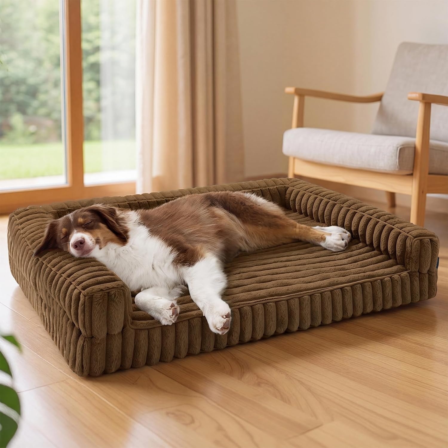 image:imageBedsure ComfyFleece Memory Foam Orthopedic Dog Beds Medium Size Dog 30 Comfort EggCrate Foam Couch Sofa Washable Corduroy CoverCozy Bolstor Waterproof Pet Bed with SidesNonSlip BottomCreamCamel Brown