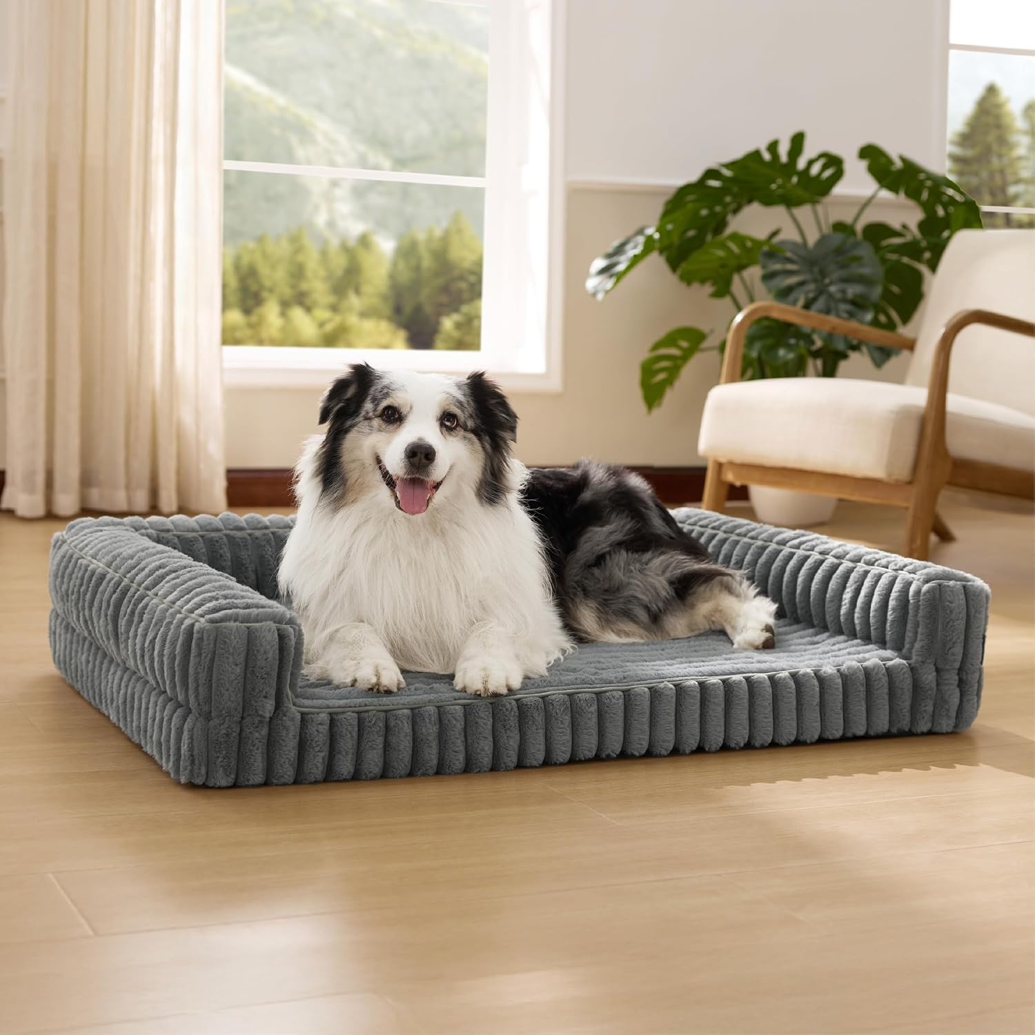 image:imageBedsure ComfyFleece Memory Foam Orthopedic Dog Beds Medium Size Dog 30 Comfort EggCrate Foam Couch Sofa Washable Corduroy CoverCozy Bolstor Waterproof Pet Bed with SidesNonSlip BottomCreamGrey