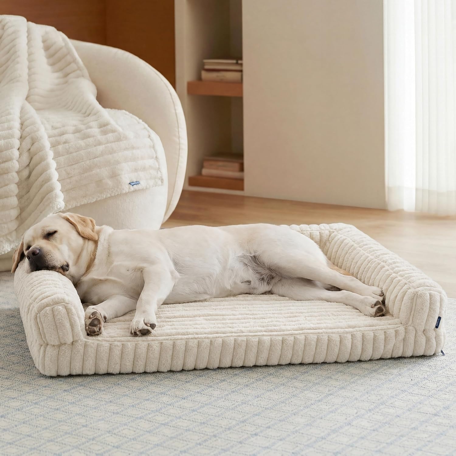 image:imageBedsure ComfyFleece Memory Foam Orthopedic Dog Beds Medium Size Dog 30 Comfort EggCrate Foam Couch Sofa Washable Corduroy CoverCozy Bolstor Waterproof Pet Bed with SidesNonSlip BottomCreamCream