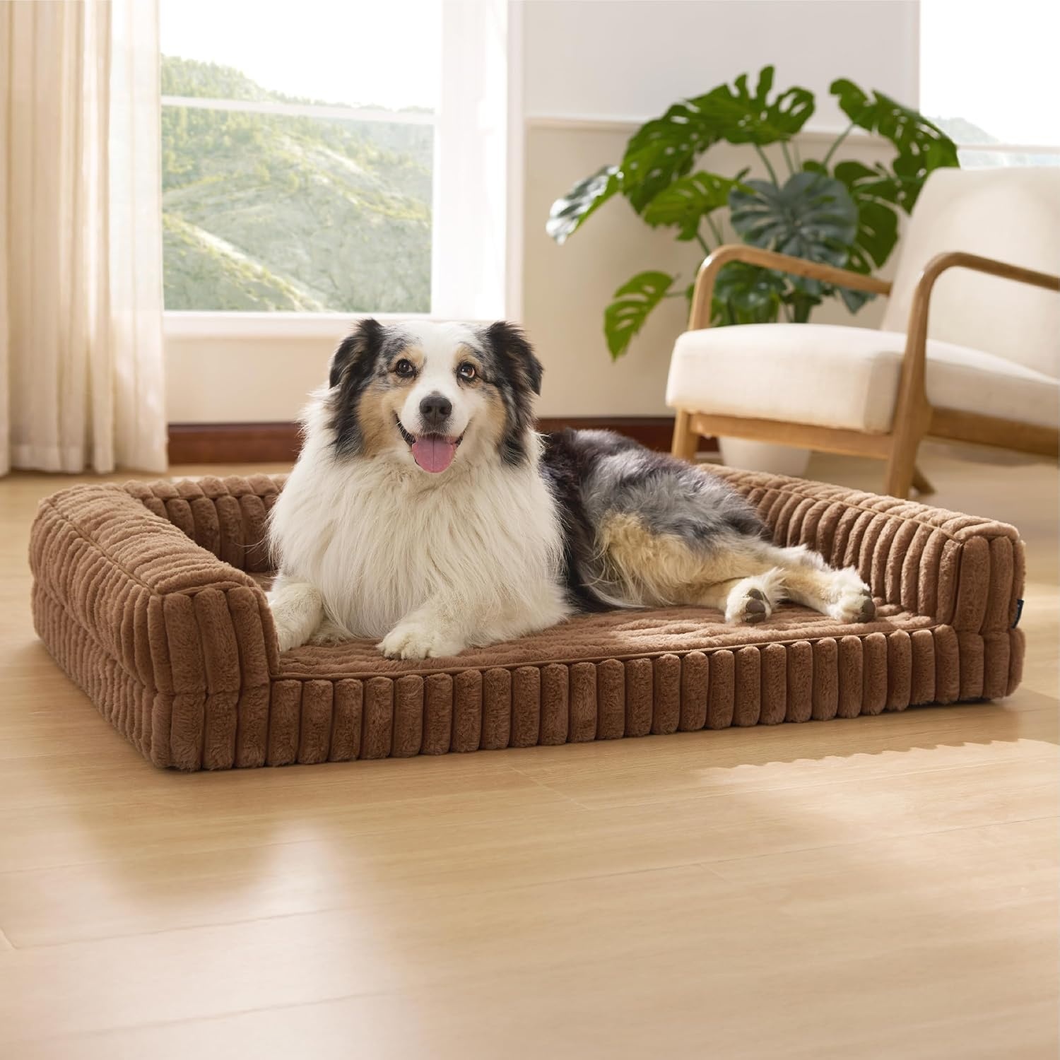 image:imageBedsure ComfyFleece Memory Foam Orthopedic Dog Beds Medium Size Dog 30 Comfort EggCrate Foam Couch Sofa Washable Corduroy CoverCozy Bolstor Waterproof Pet Bed with SidesNonSlip BottomCreamCamel Brown