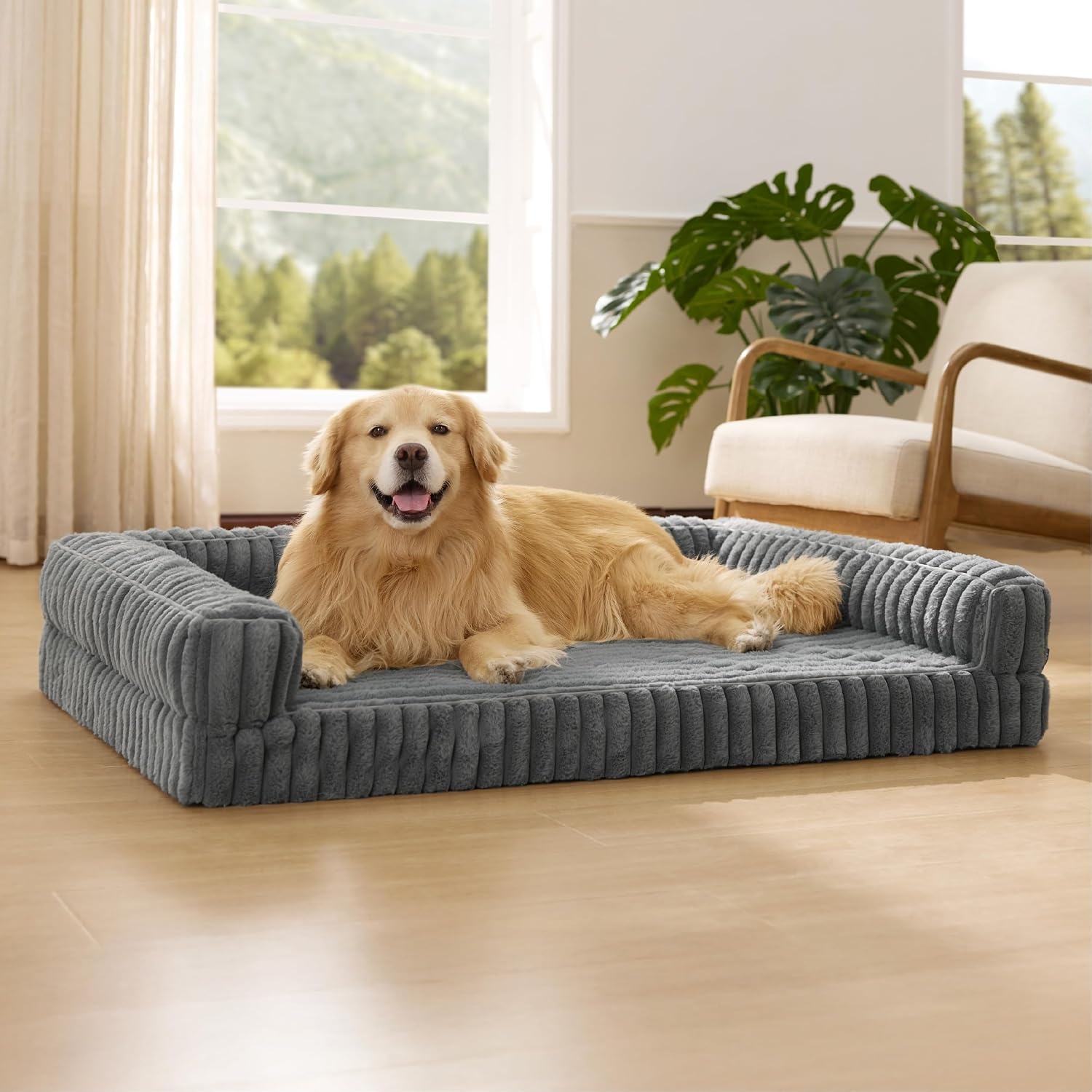 image:imageBedsure ComfyFleece Memory Foam Orthopedic Dog Beds Medium Size Dog 30 Comfort EggCrate Foam Couch Sofa Washable Corduroy CoverCozy Bolstor Waterproof Pet Bed with SidesNonSlip BottomCreamGrey