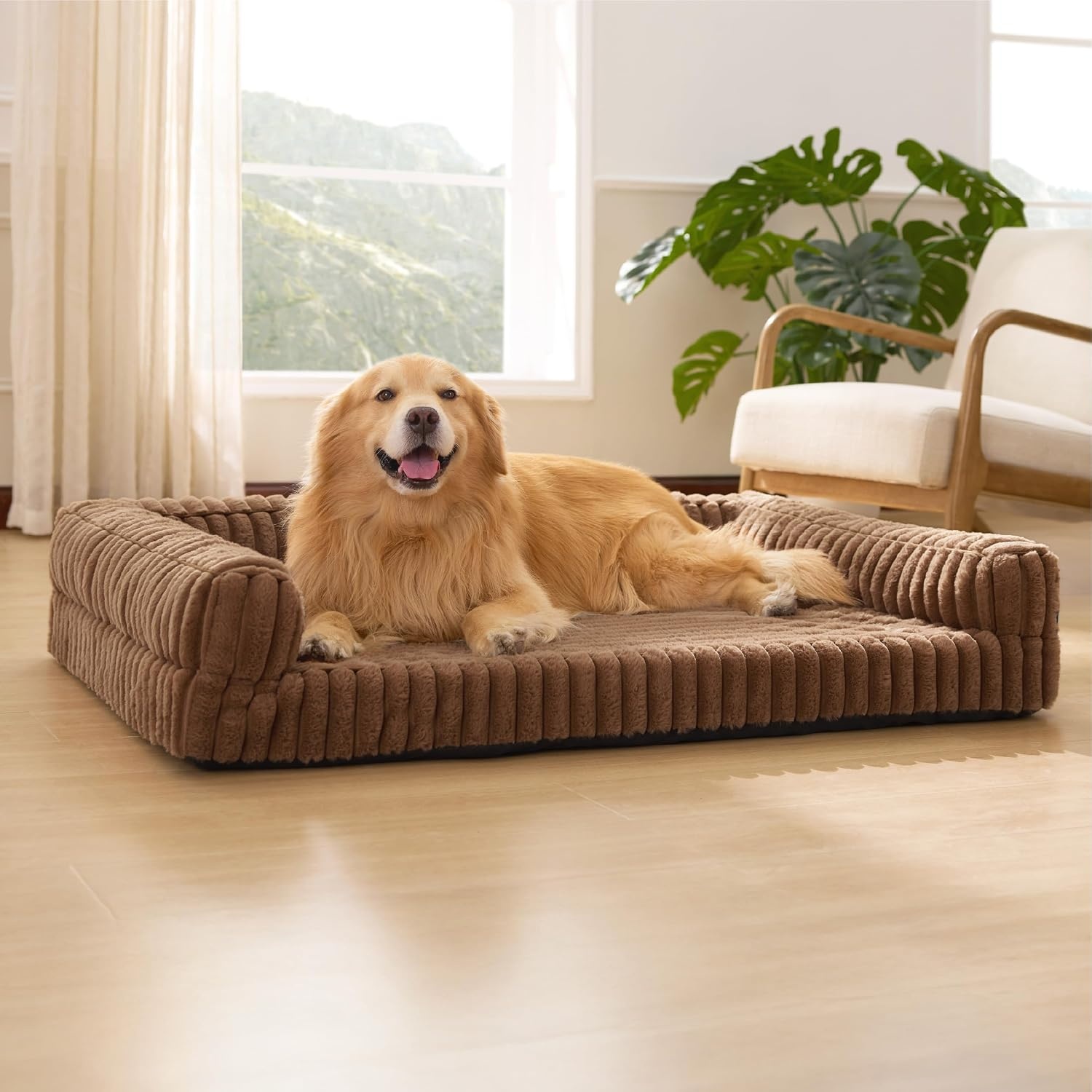 image:imageBedsure ComfyFleece Memory Foam Orthopedic Dog Beds Medium Size Dog 30 Comfort EggCrate Foam Couch Sofa Washable Corduroy CoverCozy Bolstor Waterproof Pet Bed with SidesNonSlip BottomCreamCamel Brown