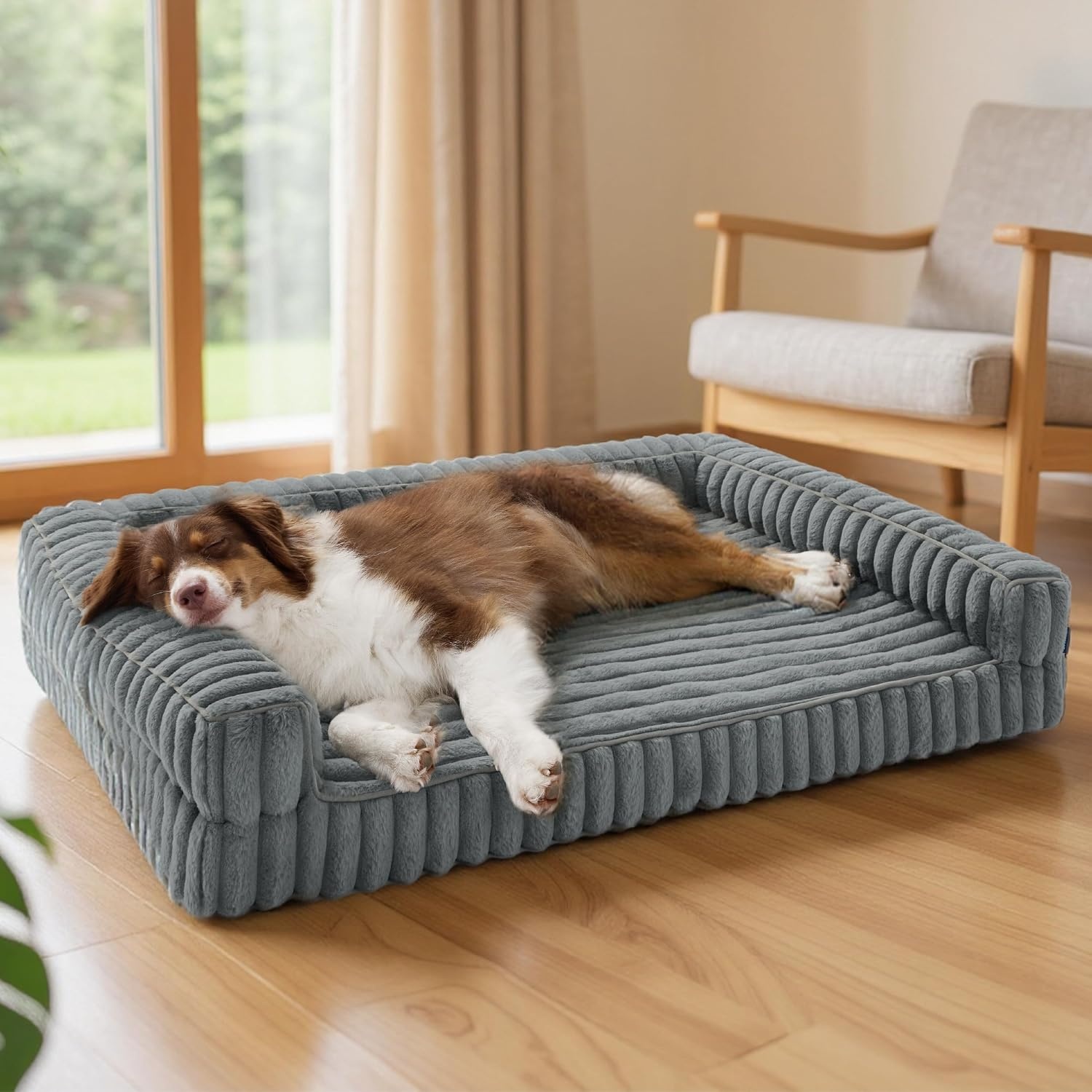 image:imageBedsure ComfyFleece Memory Foam Orthopedic Dog Beds Medium Size Dog 30 Comfort EggCrate Foam Couch Sofa Washable Corduroy CoverCozy Bolstor Waterproof Pet Bed with SidesNonSlip BottomCreamGrey