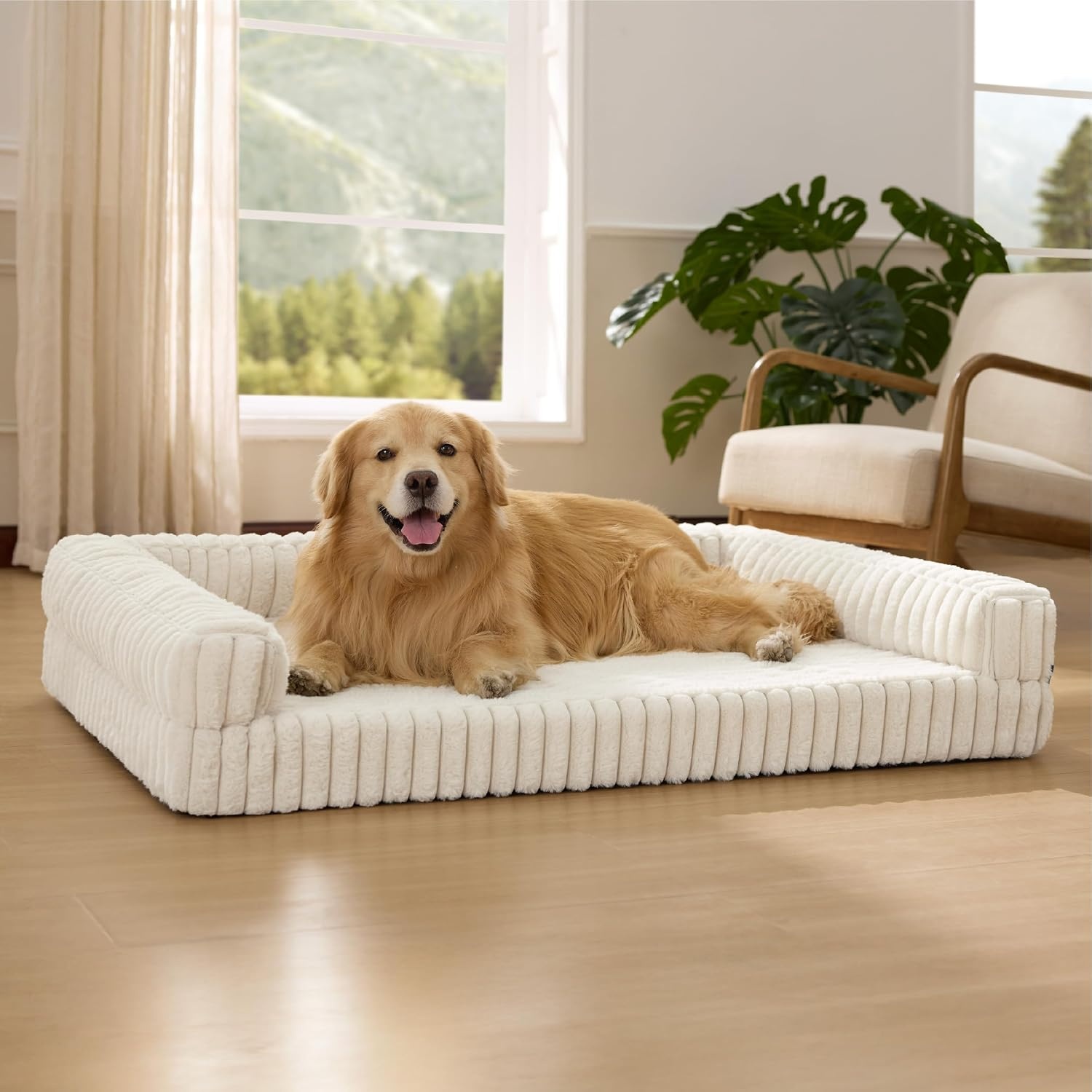 image:imageBedsure ComfyFleece Memory Foam Orthopedic Dog Beds Medium Size Dog 30 Comfort EggCrate Foam Couch Sofa Washable Corduroy CoverCozy Bolstor Waterproof Pet Bed with SidesNonSlip BottomCreamCream