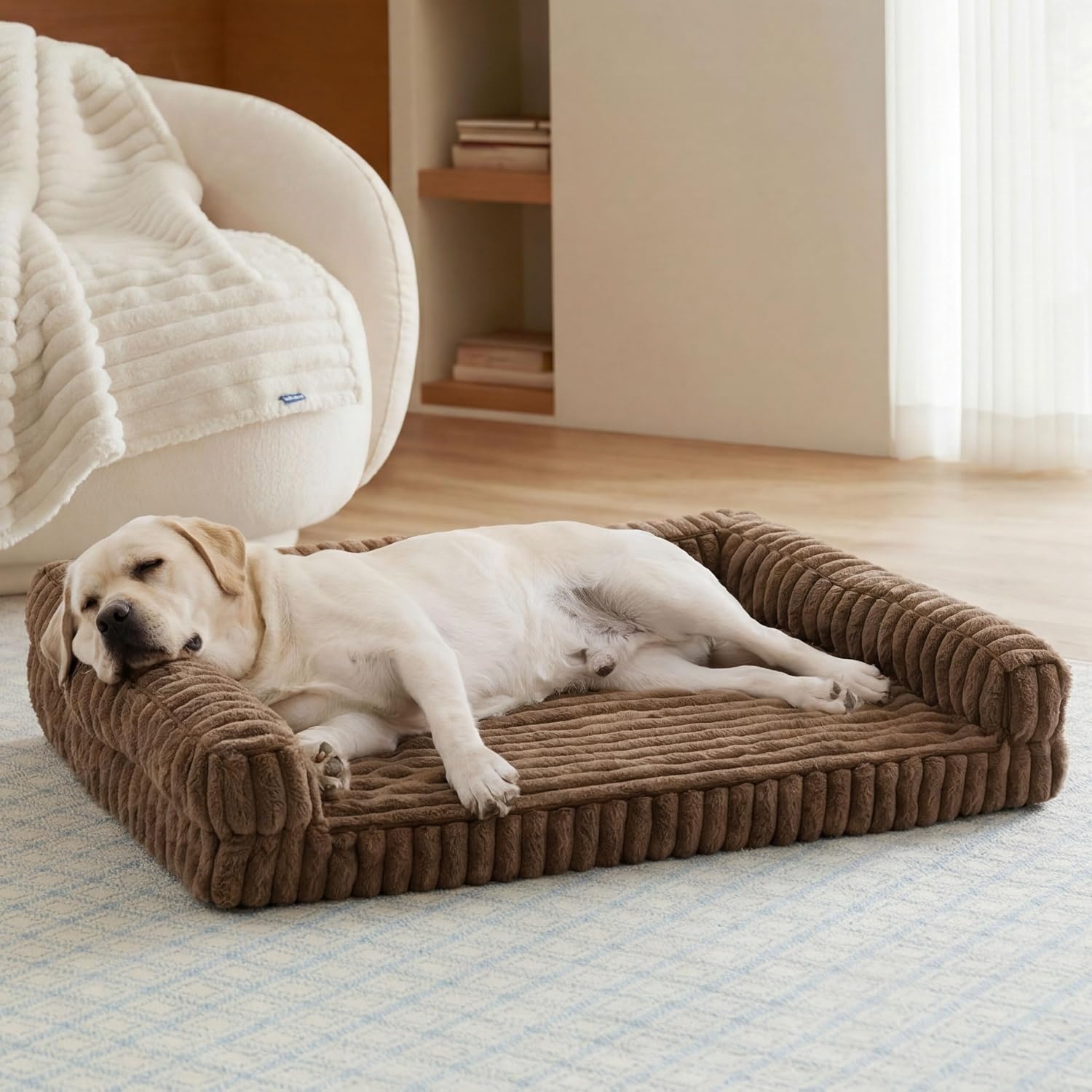 image:imageBedsure ComfyFleece Memory Foam Orthopedic Dog Beds Medium Size Dog 30 Comfort EggCrate Foam Couch Sofa Washable Corduroy CoverCozy Bolstor Waterproof Pet Bed with SidesNonSlip BottomCreamCamel Brown