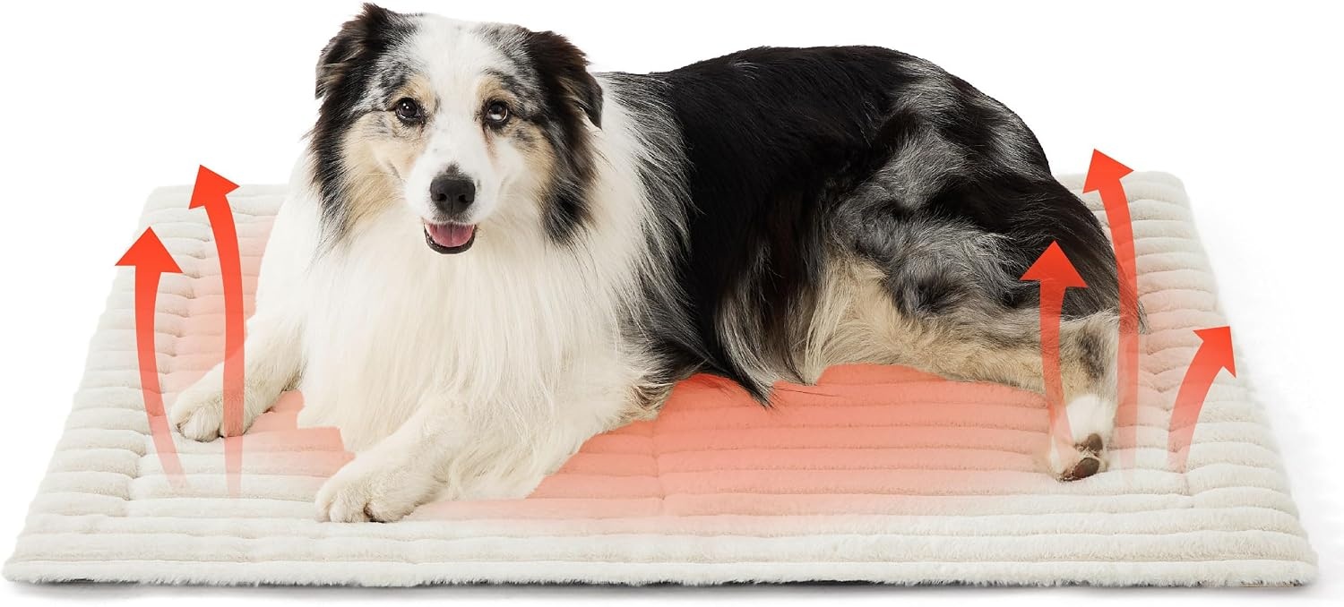 image:imageBedsure ComfyFleece Self Warming Cat Bed Small Self Heating Dog Crate Pad Thermal Extra Warm Puppy Mat Indoor NonSlip amp Washable Not Electric 24 x 18 GreyIvory White