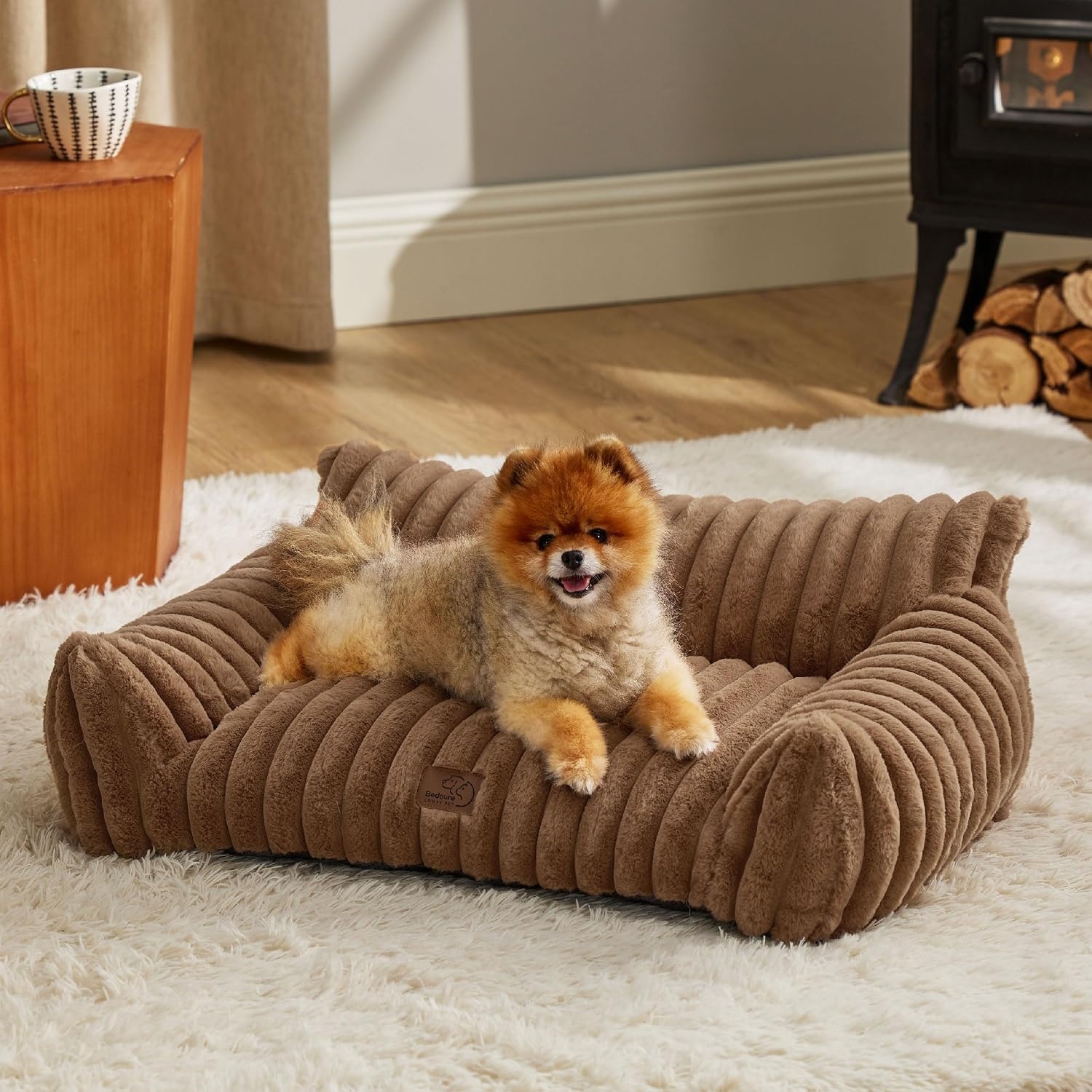 image:imageBedsure ComfyFleece Shown on TV Fluffy Dog Couch for Pets30in Blush Pink Small amp Medium Dog Bed Washable CoverSupportive Couch Bed for Small DogsPet Sofa Seen on Good Day New YorkUp to 20 LbsCamel Brown