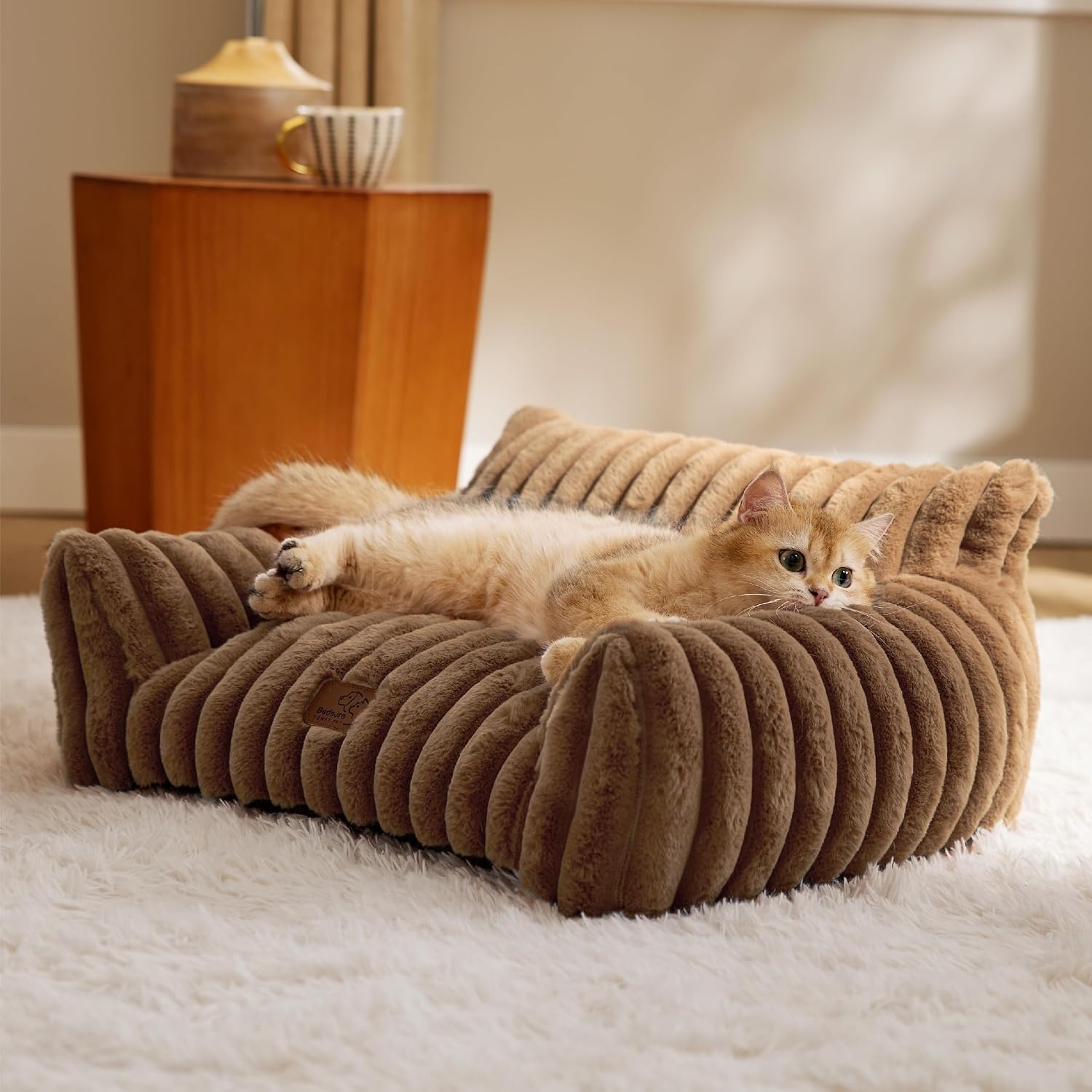 image:imageBedsure ComfyFleece Shown on TV Fluffy Dog Couch for Pets30in Blush Pink Small amp Medium Dog Bed Washable CoverSupportive Couch Bed for Small DogsPet Sofa Seen on Good Day New YorkUp to 20 LbsCamel Brown