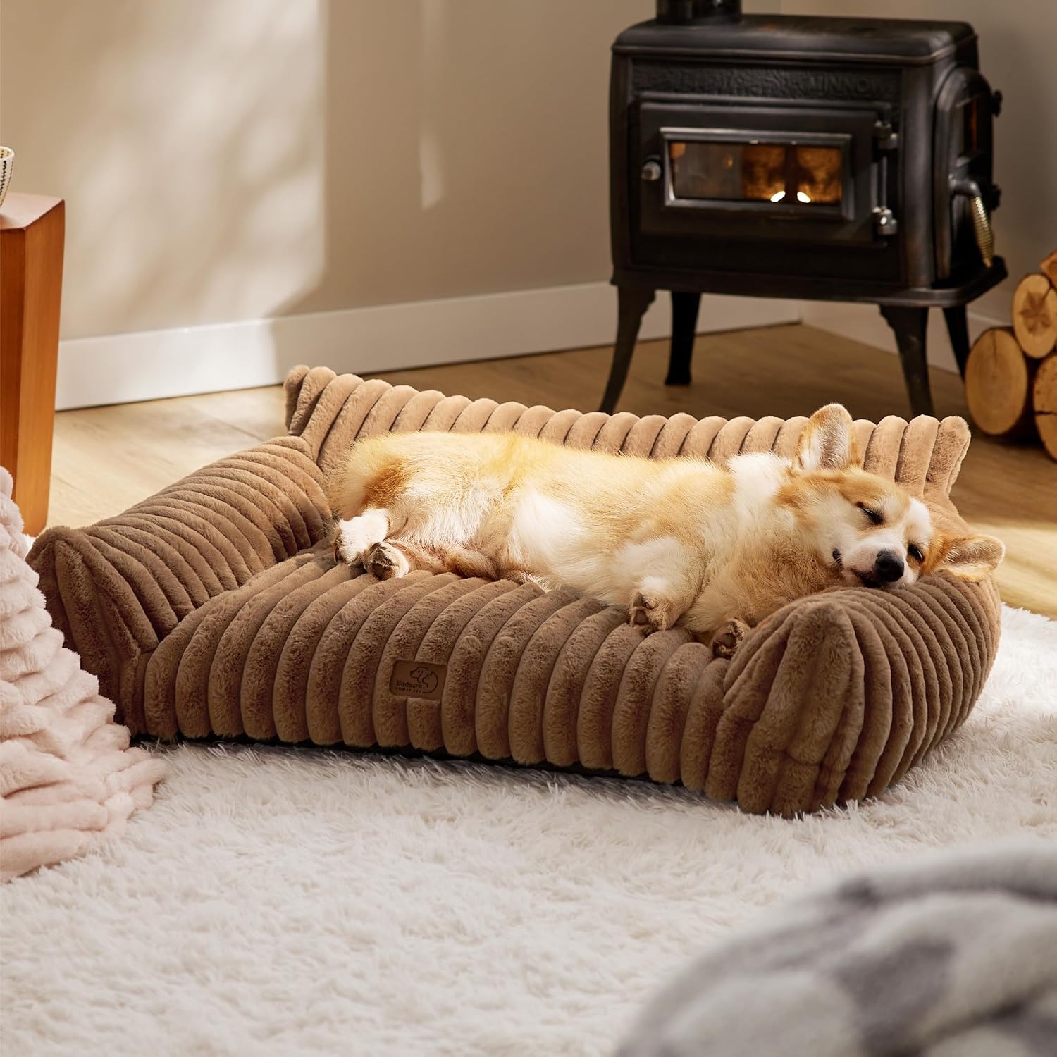 image:imageBedsure ComfyFleece Shown on TV Fluffy Dog Couch for Pets30in Blush Pink Small amp Medium Dog Bed Washable CoverSupportive Couch Bed for Small DogsPet Sofa Seen on Good Day New YorkUp to 20 LbsCamel Brown