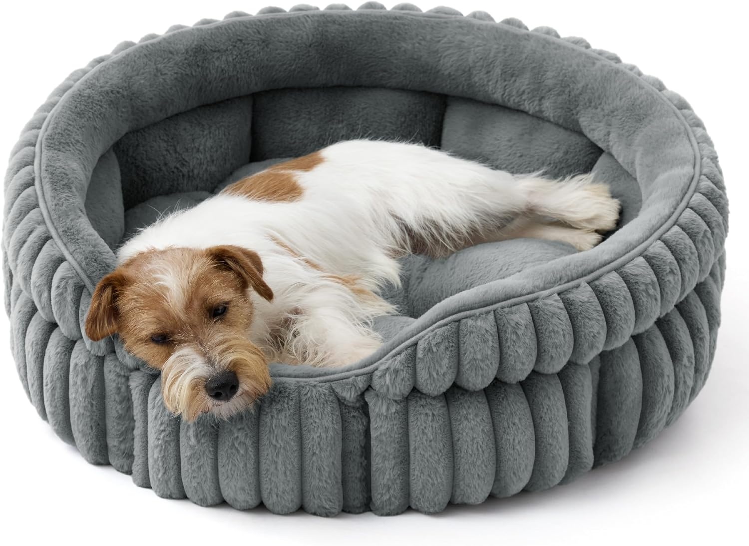 image:imageBedsure ComfyFleece Washable Cute Small Medium Dog BedRound Pet Bed26in Cozy Donut Soft Fluffy PlushComfort Corduroy Cuddler Pet BedsLuxury AestheticAntiSlip BottomUp to 30 LbsCreamWarm Gray