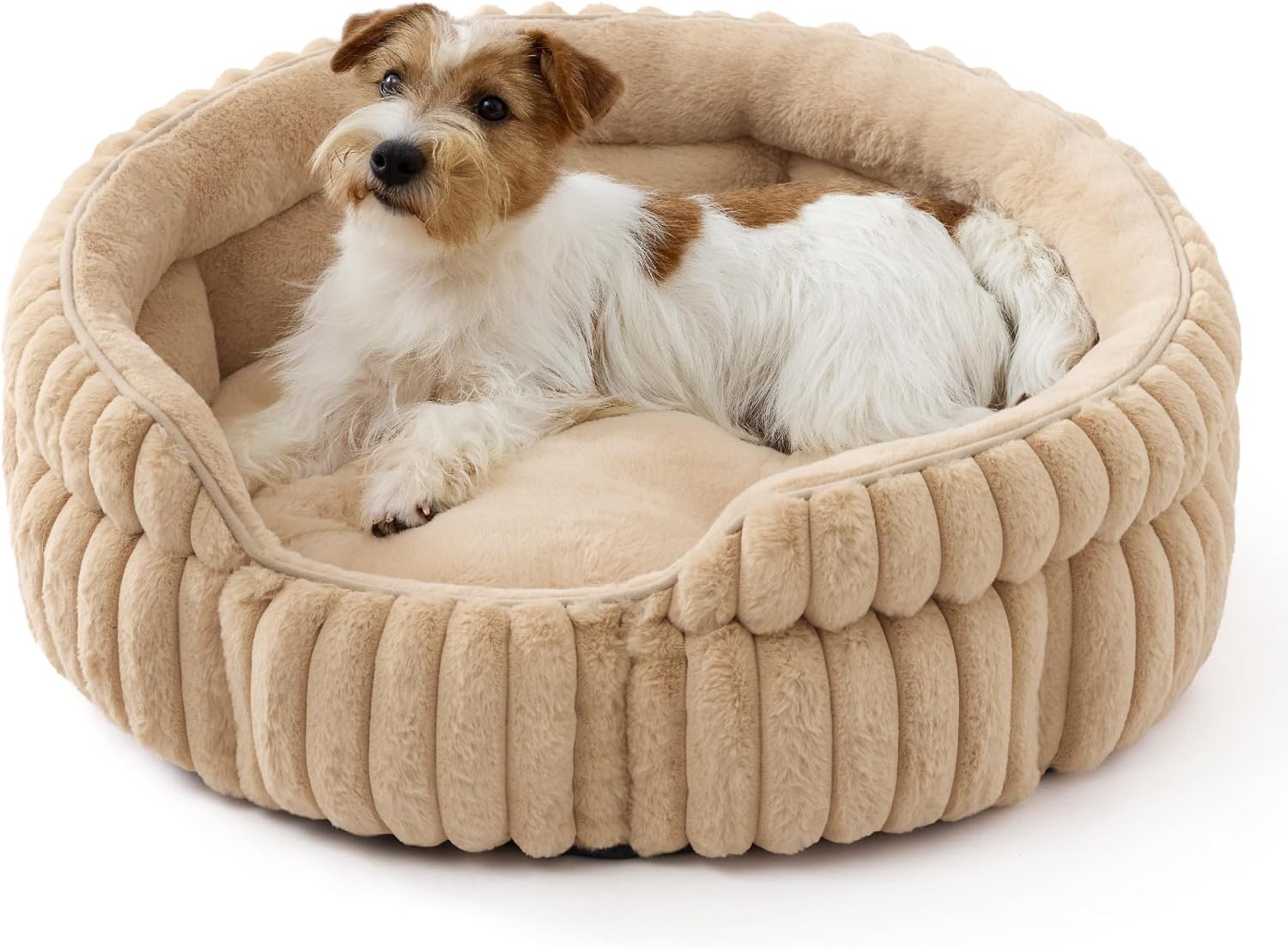 image:imageBedsure ComfyFleece Washable Cute Small Medium Dog BedRound Pet Bed26in Cozy Donut Soft Fluffy PlushComfort Corduroy Cuddler Pet BedsLuxury AestheticAntiSlip BottomUp to 30 LbsCreamSandy Beige