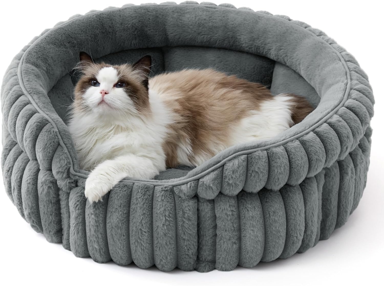 image:imageBedsure ComfyFleece Washable Cute Small Medium Dog BedRound Pet Bed26in Cozy Donut Soft Fluffy PlushComfort Corduroy Cuddler Pet BedsLuxury AestheticAntiSlip BottomUp to 30 LbsCreamWarm Gray