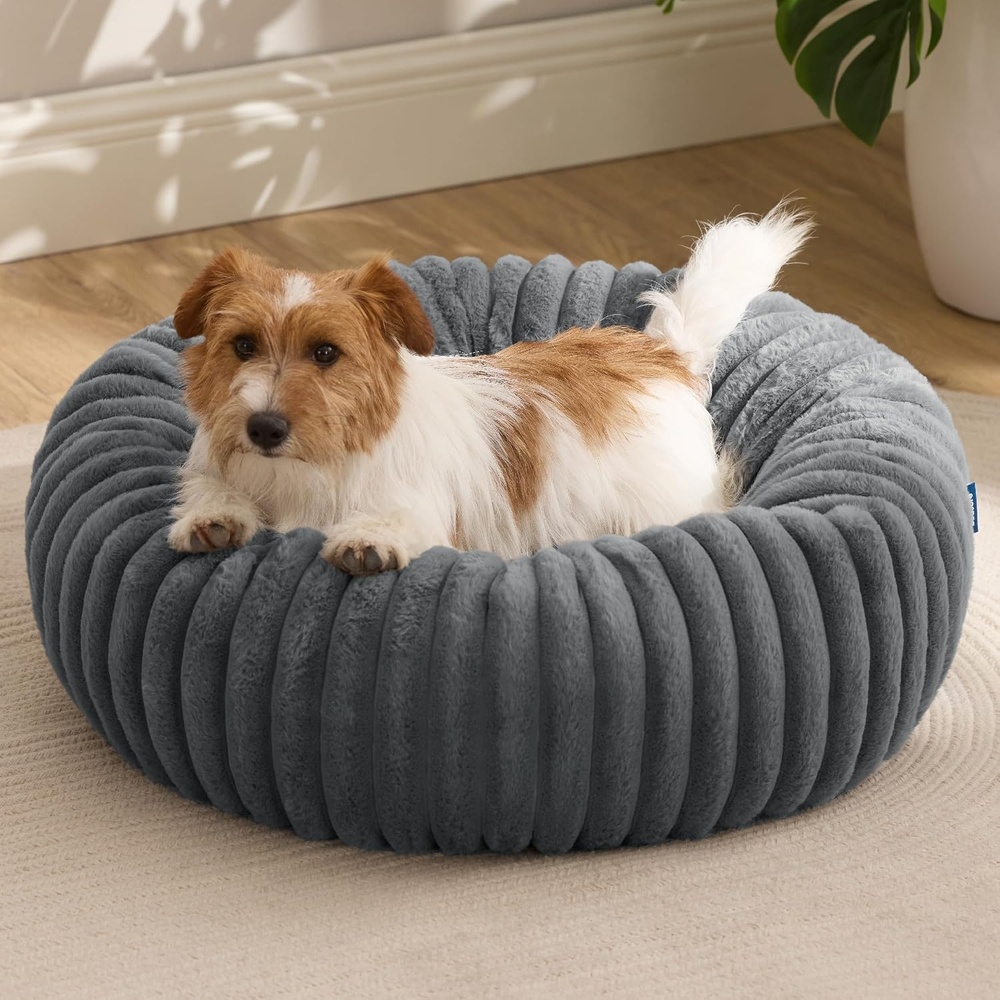 image:imageBedsure ComfyFleece Donut Dog Bed Medium Size Dog with Washable Cover 30x30x8in Calming Round Pet Bed Support Plush with Removable Corduroy Fleece for Senior DogAnti Slip BottomSandy BeigeWarm Grey
