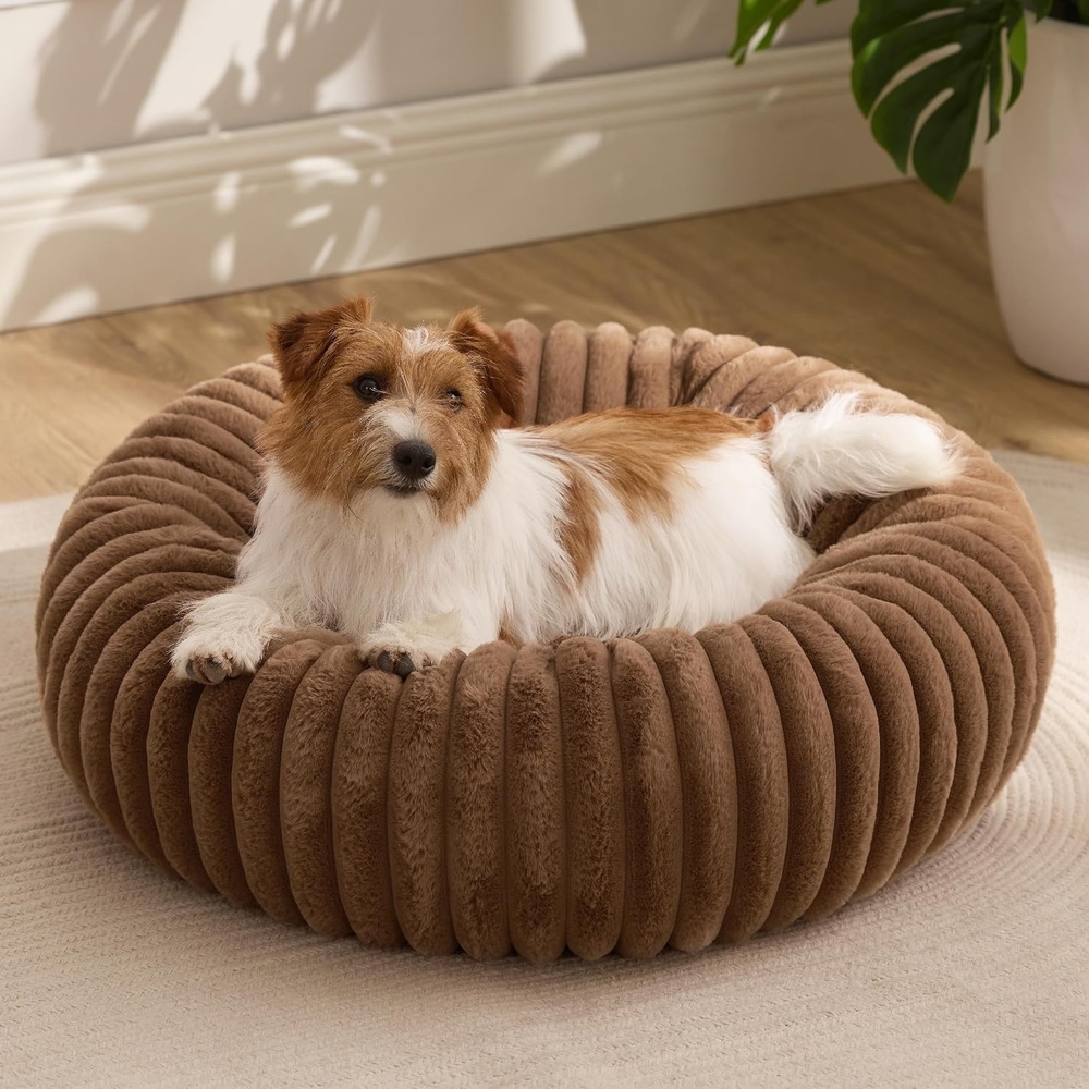 image:imageBedsure ComfyFleece Donut Dog Bed Medium Size Dog with Washable Cover 30x30x8in Calming Round Pet Bed Support Plush with Removable Corduroy Fleece for Senior DogAnti Slip BottomSandy BeigeCamel Brown