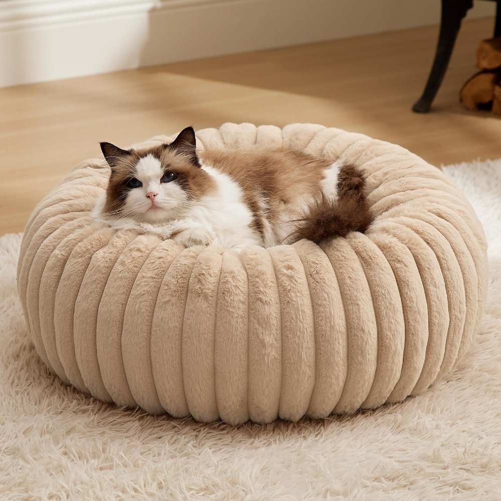 image:imageBedsure ComfyFleece Donut Dog Bed Medium Size Dog with Washable Cover 30x30x8in Calming Round Pet Bed Support Plush with Removable Corduroy Fleece for Senior DogAnti Slip BottomSandy BeigeSandy Beige