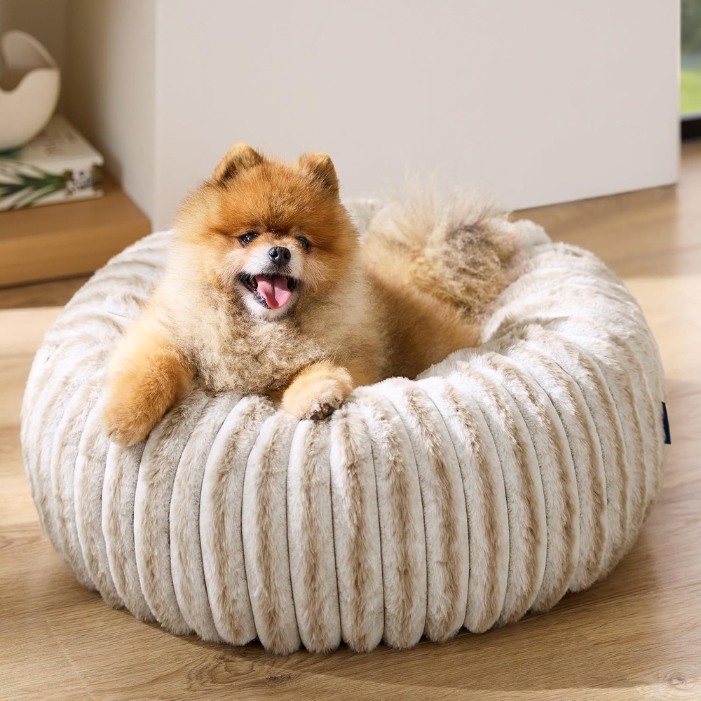 image:imageBedsure ComfyFleece Donut Dog Bed Medium Size Dog with Washable Cover 30x30x8in Calming Round Pet Bed Support Plush with Removable Corduroy Fleece for Senior DogAnti Slip BottomSandy BeigeAmphora