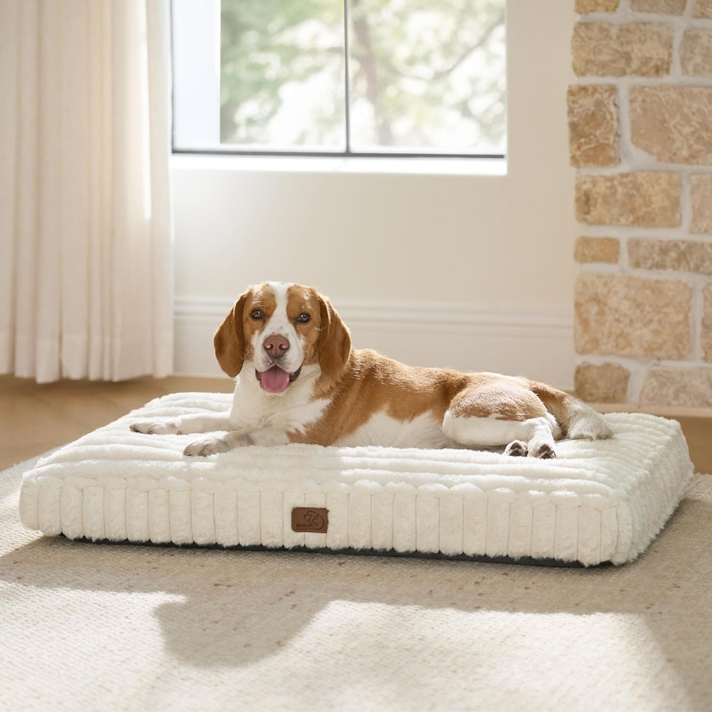 image:imageBedsure ComfyFleece Fluffy Balanced Support Large Dog Bed for Crate35x22 Golden Ratio Chopped Foam amp PP Cotton Upscale Home DecorWaterproof Liner Removable Washable Cover Nonslip BottomCream