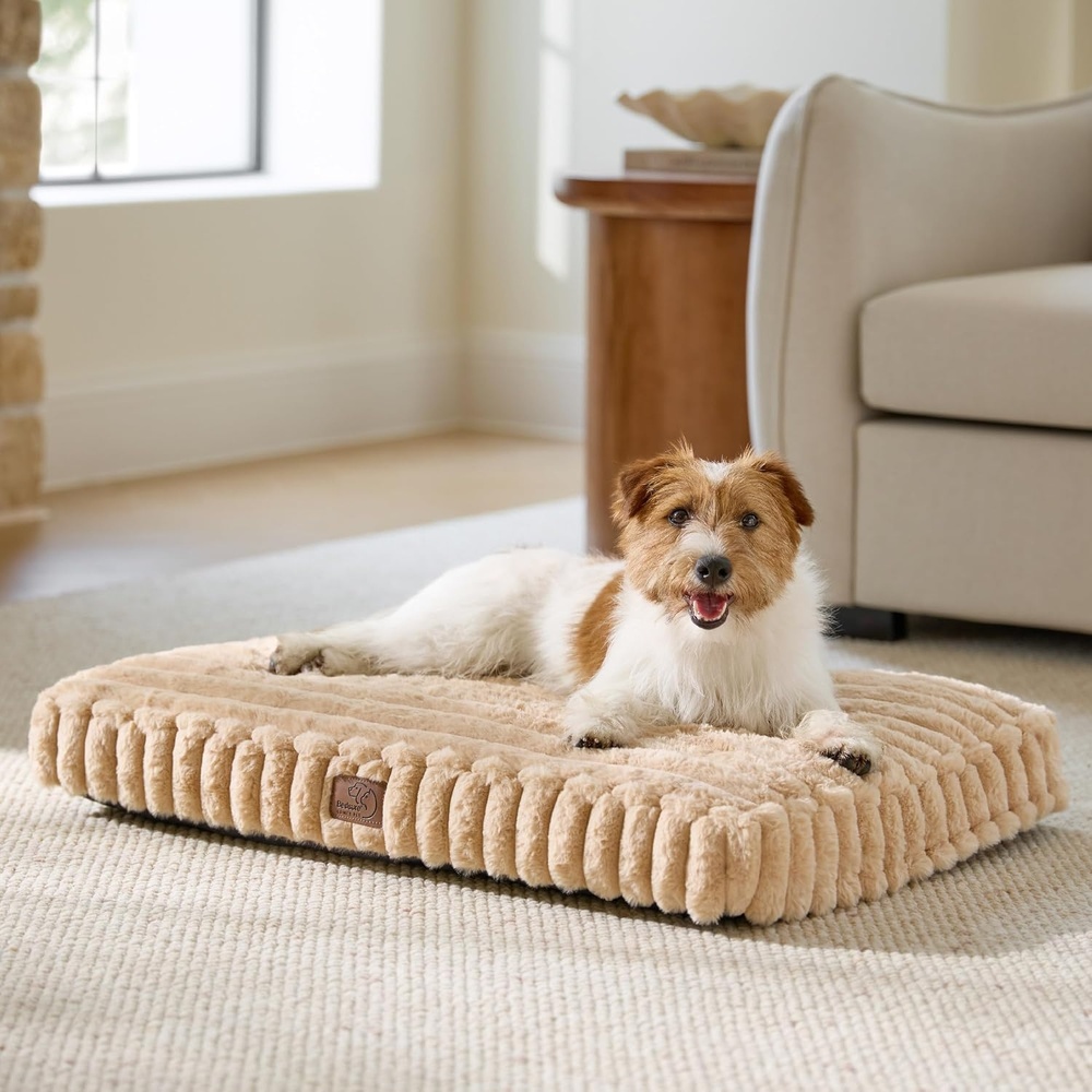 image:imageBedsure ComfyFleece Fluffy Balanced Support XL Dog Bed for Crate41x27 Golden Ratio Chopped Foam amp PP Cotton Home DecorWaterproof Liner Removable Washable Cover Nonslip BottomSandy BeigeSandy Beige