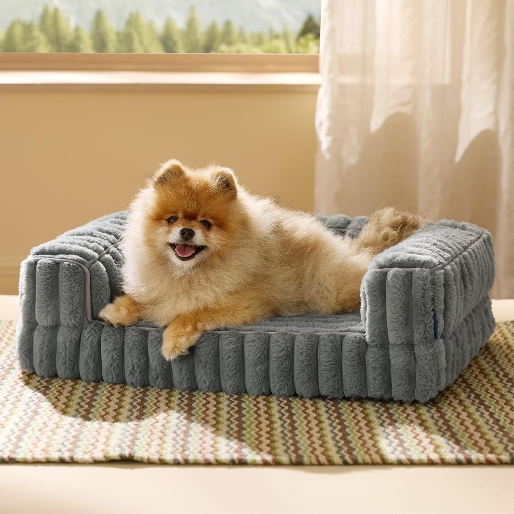 image:imageBedsure ComfyFleece Memory Foam Orthopedic Dog Beds Medium Size Dog 30 Comfort EggCrate Foam Couch Sofa Washable Corduroy CoverCozy Bolstor Waterproof Pet Bed with SidesNonSlip BottomCreamGrey