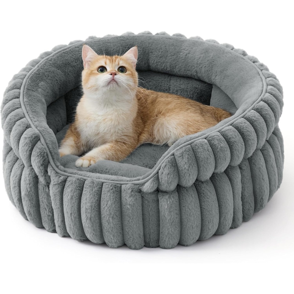 image:imageBedsure ComfyFleece Washable Cute Small Medium Dog BedRound Pet Bed26in  Cozy Donut Soft Fluffy PlushComfort Corduroy Cuddler Pet BedsLuxury AestheticAntiSlip BottomUp to 30 LbsCreamWarm Gray