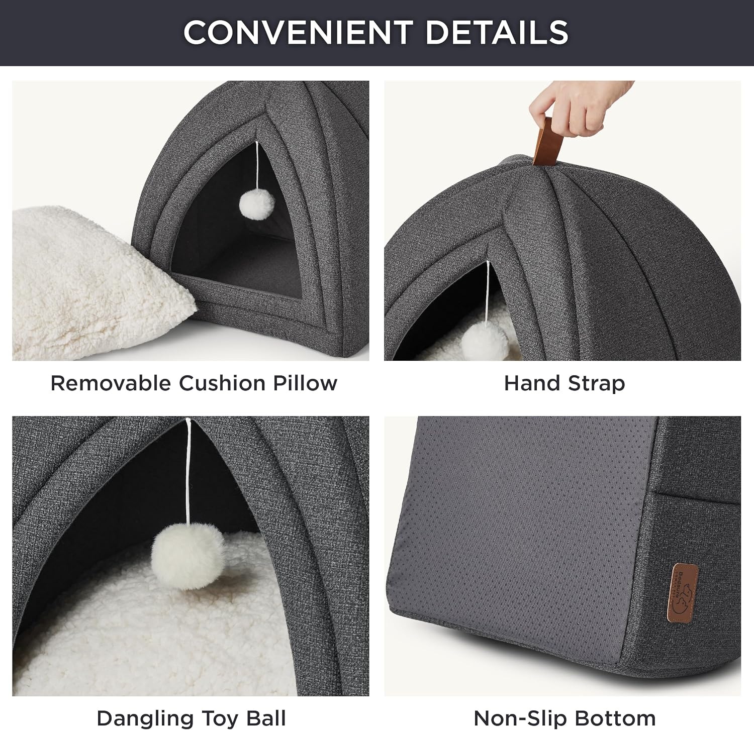 image:imageBedsure 2in1 Cat Beds for Indoor Cats Cave for Kitten with Washable Pillow 16in Cat House for Small Pet Covered Cat Tent Foldable Hideaway Fluffy Ball Anti Slip Bottom Removable Cushioned BeigeDark Grey