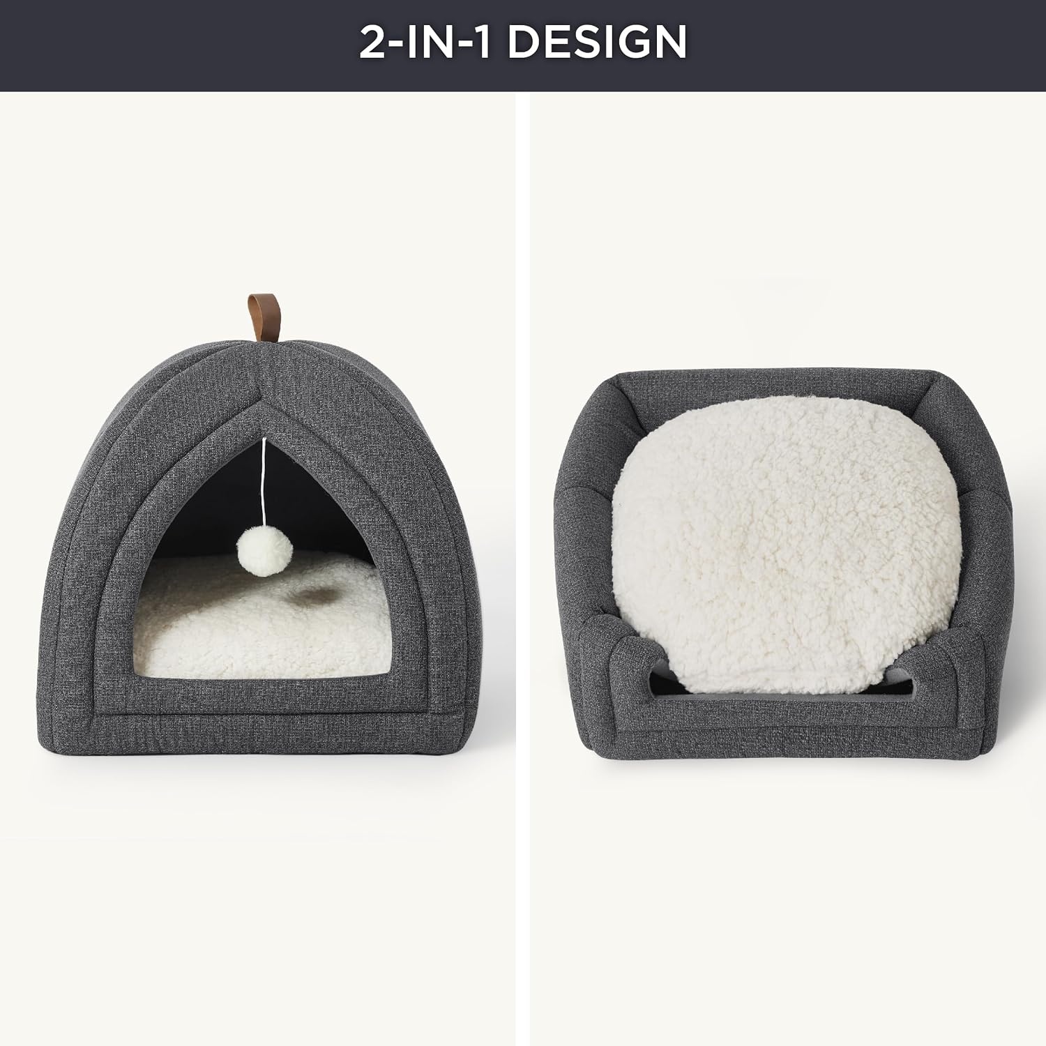 image:imageBedsure 2in1 Cat Beds for Indoor Cats Cave for Kitten with Washable Pillow 16in Cat House for Small Pet Covered Cat Tent Foldable Hideaway Fluffy Ball Anti Slip Bottom Removable Cushioned BeigeDark Grey