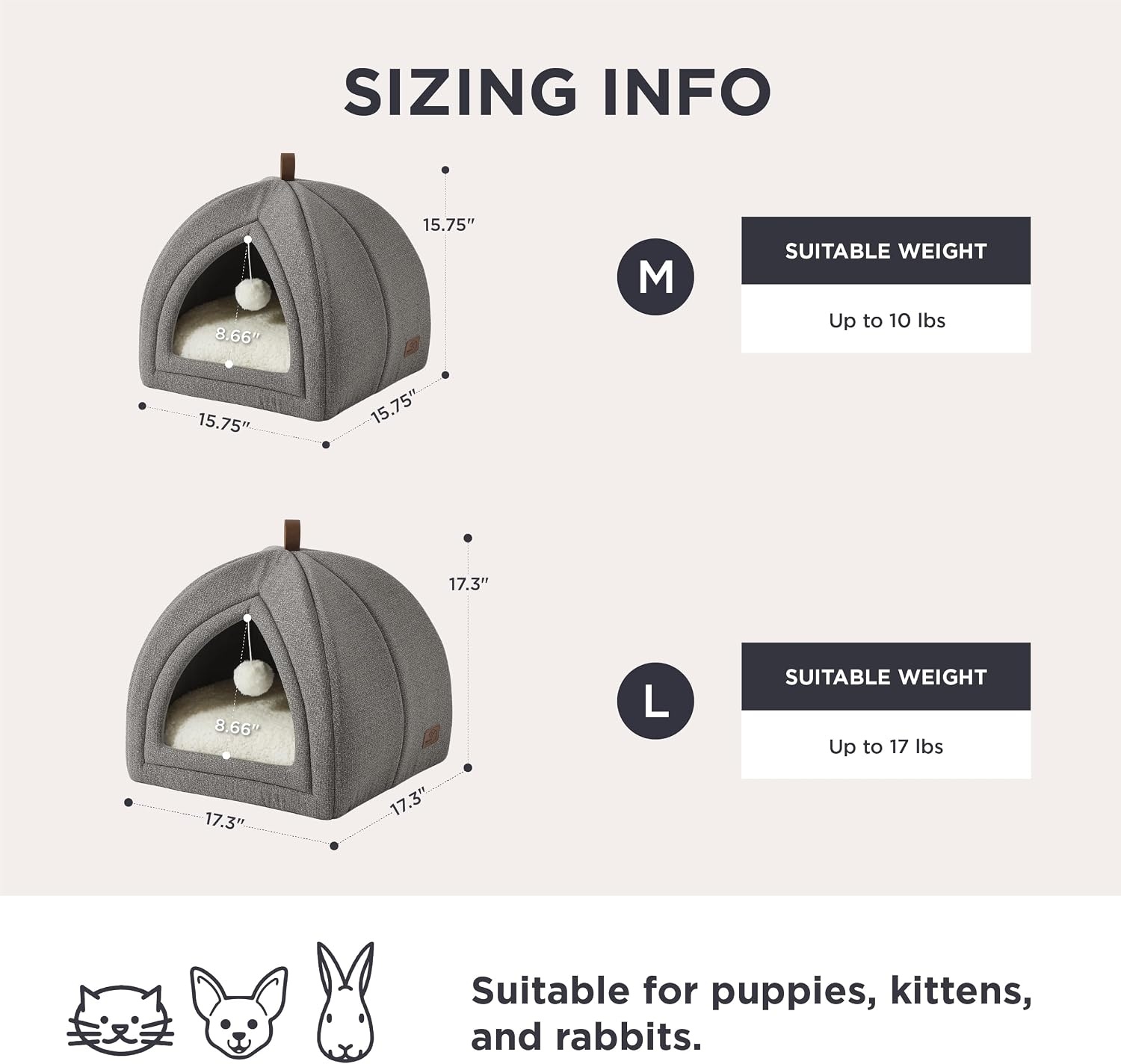 image:imageBedsure 2in1 Cat Beds for Indoor Cats Cave for Kitten with Washable Pillow 16in Cat House for Small Pet Covered Cat Tent Foldable Hideaway Fluffy Ball Anti Slip Bottom Removable Cushioned BeigeGrey