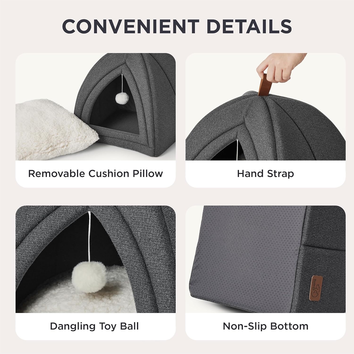 image:imageBedsure 2in1 Cat Beds for Indoor Cats Cave for Kitten with Washable Pillow 16in Cat House for Small Pet Covered Cat Tent Foldable Hideaway Fluffy Ball Anti Slip Bottom Removable Cushioned BeigeDark Grey