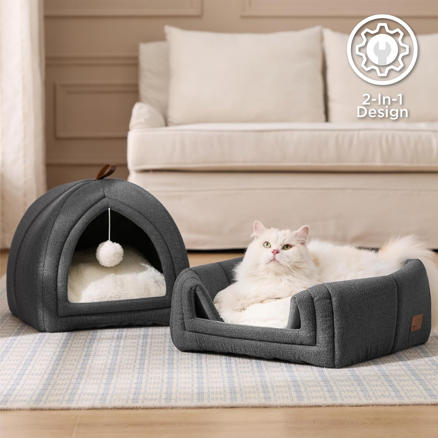 image:imageBedsure 2in1 Cat Beds for Indoor Cats Cave for Kitten with Washable Pillow 16in Cat House for Small Pet Covered Cat Tent Foldable Hideaway Fluffy Ball Anti Slip Bottom Removable Cushioned BeigeDark Grey