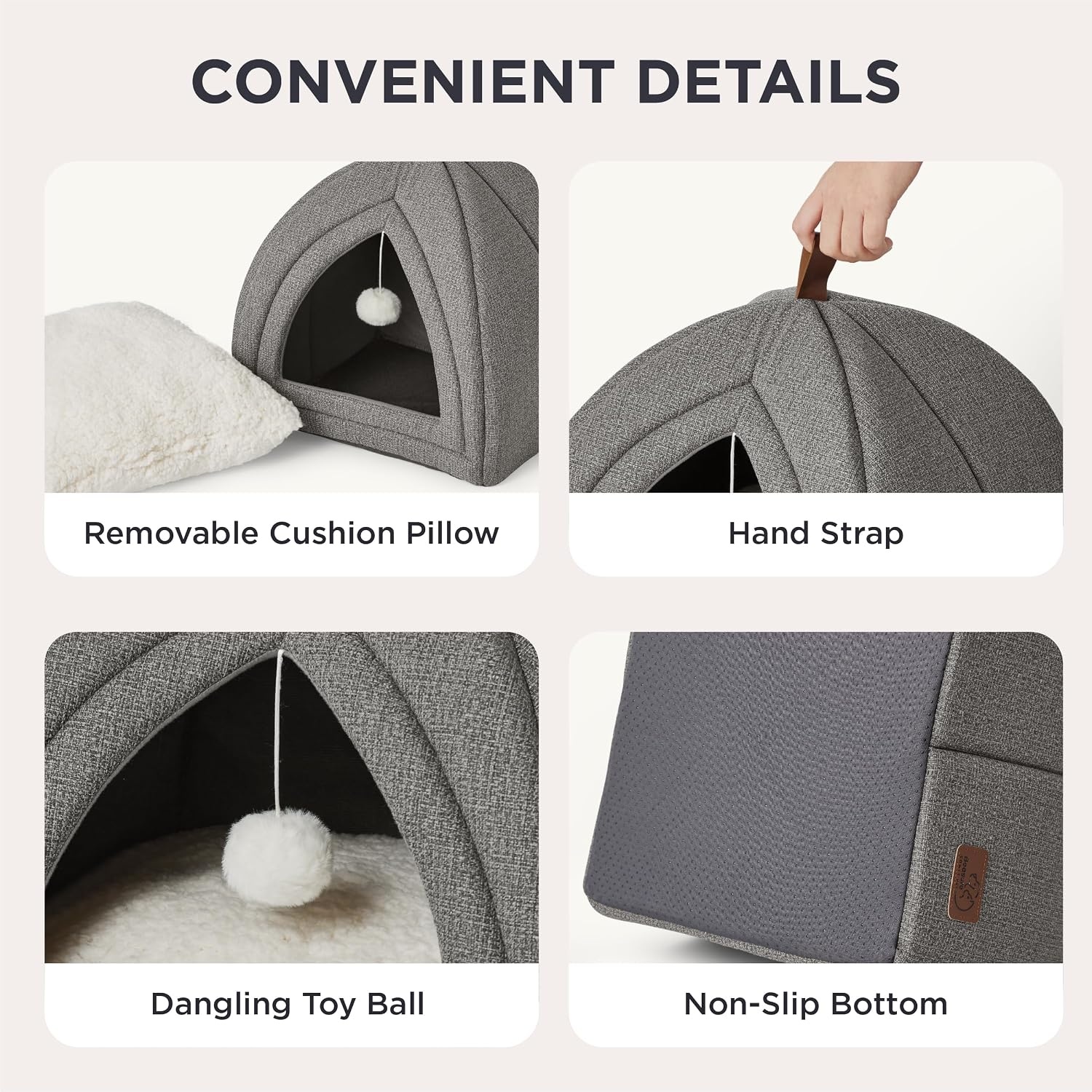 image:imageBedsure 2in1 Cat Beds for Indoor Cats Cave for Kitten with Washable Pillow 16in Cat House for Small Pet Covered Cat Tent Foldable Hideaway Fluffy Ball Anti Slip Bottom Removable Cushioned BeigeGrey