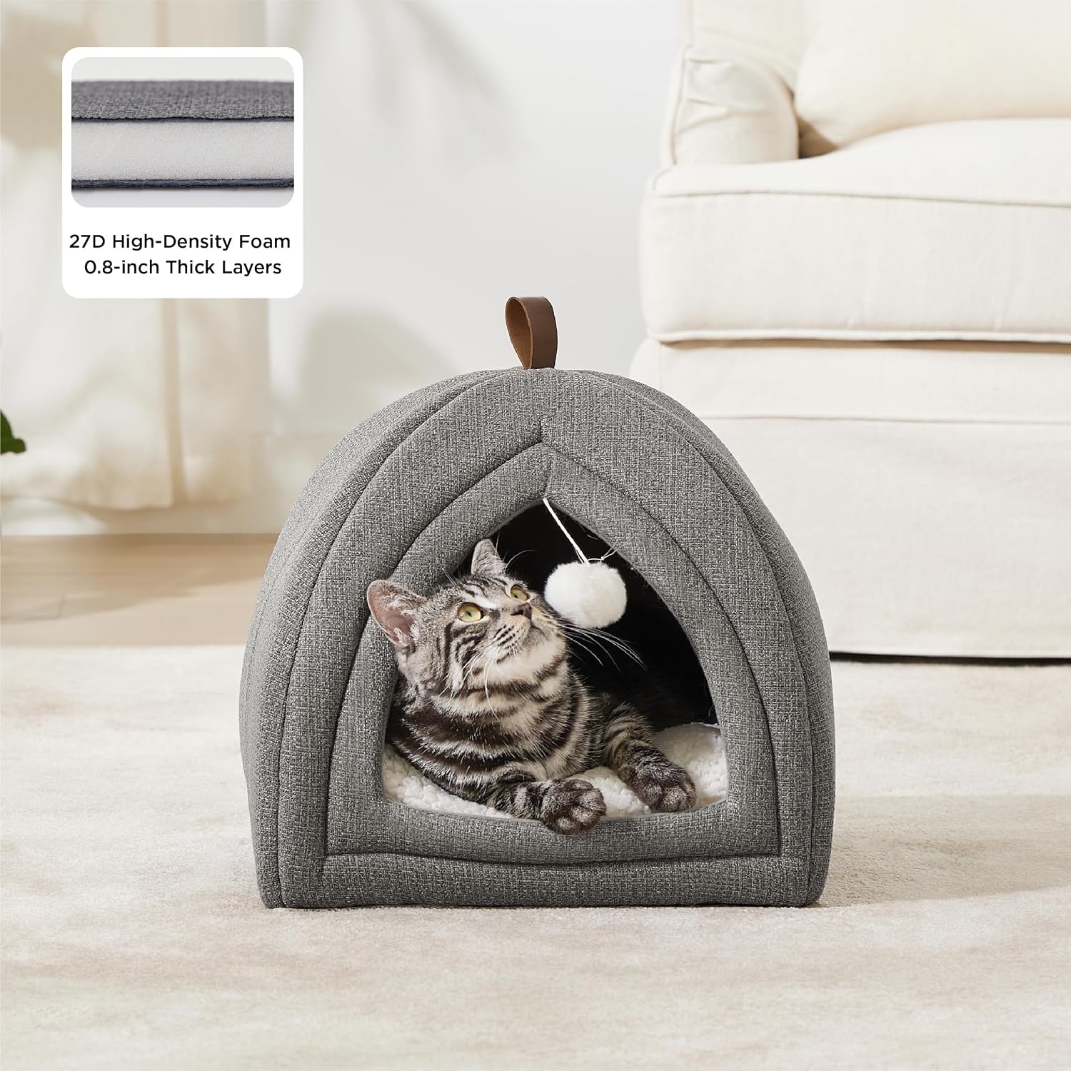 image:imageBedsure 2in1 Cat Beds for Indoor Cats Cave for Kitten with Washable Pillow 16in Cat House for Small Pet Covered Cat Tent Foldable Hideaway Fluffy Ball Anti Slip Bottom Removable Cushioned BeigeGrey