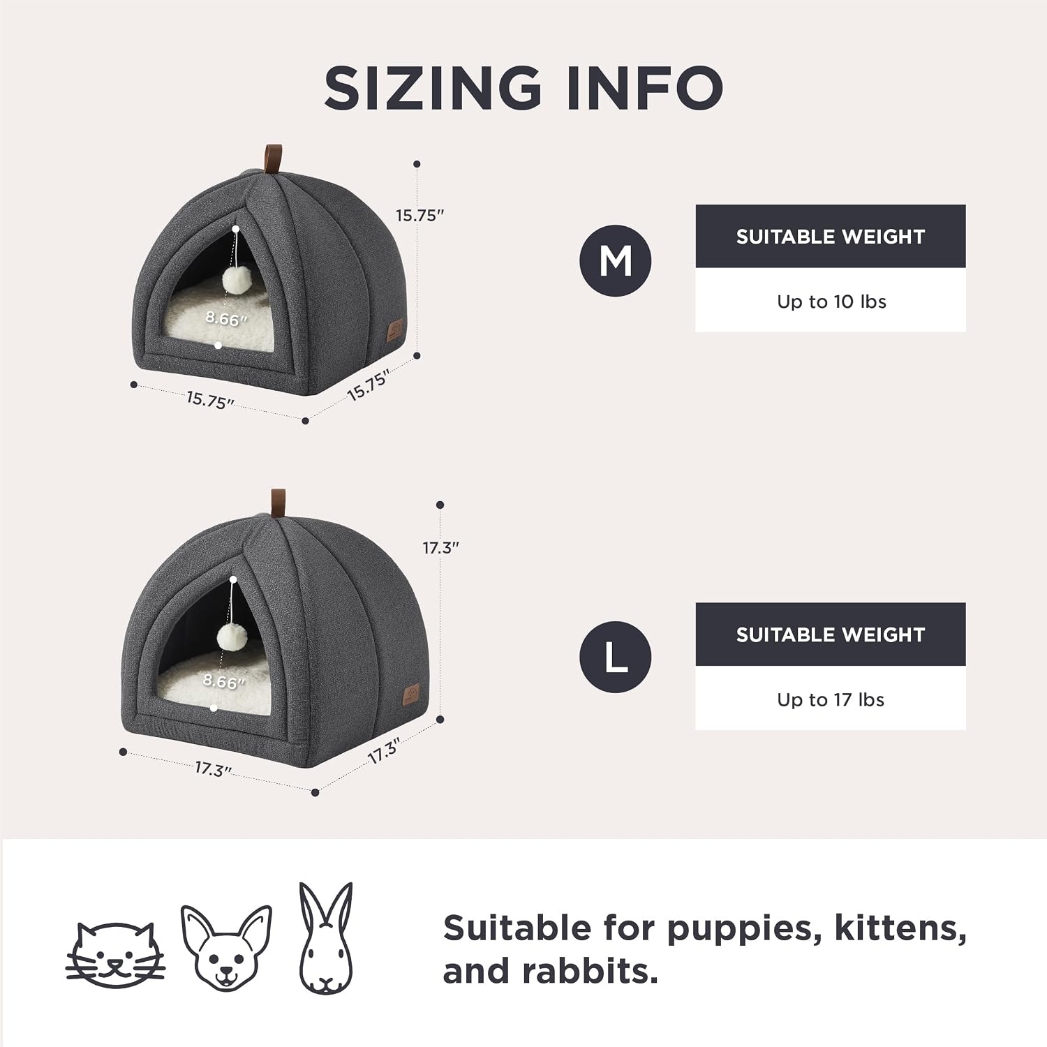 image:imageBedsure 2in1 Cat Beds for Indoor Cats Cave for Kitten with Washable Pillow 16in Cat House for Small Pet Covered Cat Tent Foldable Hideaway Fluffy Ball Anti Slip Bottom Removable Cushioned BeigeDark Grey