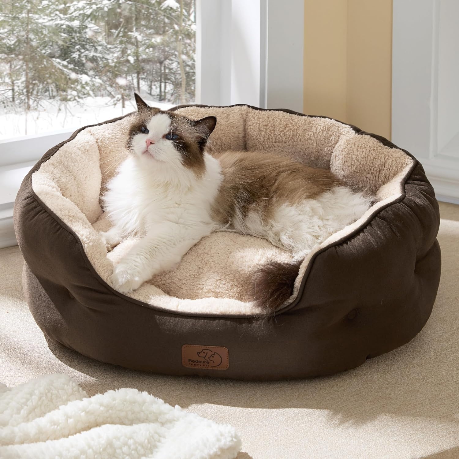 image:imageBedsure AeroFrost Cooling Small Dog Bed Round Washable 20In Arctic Blue QMaxgt04 Cat Beds for Indoor Cats Comfort Cooling Summer Pet BedAntiSlip Bottomfor Puppies and KittensSelf Warming Brown