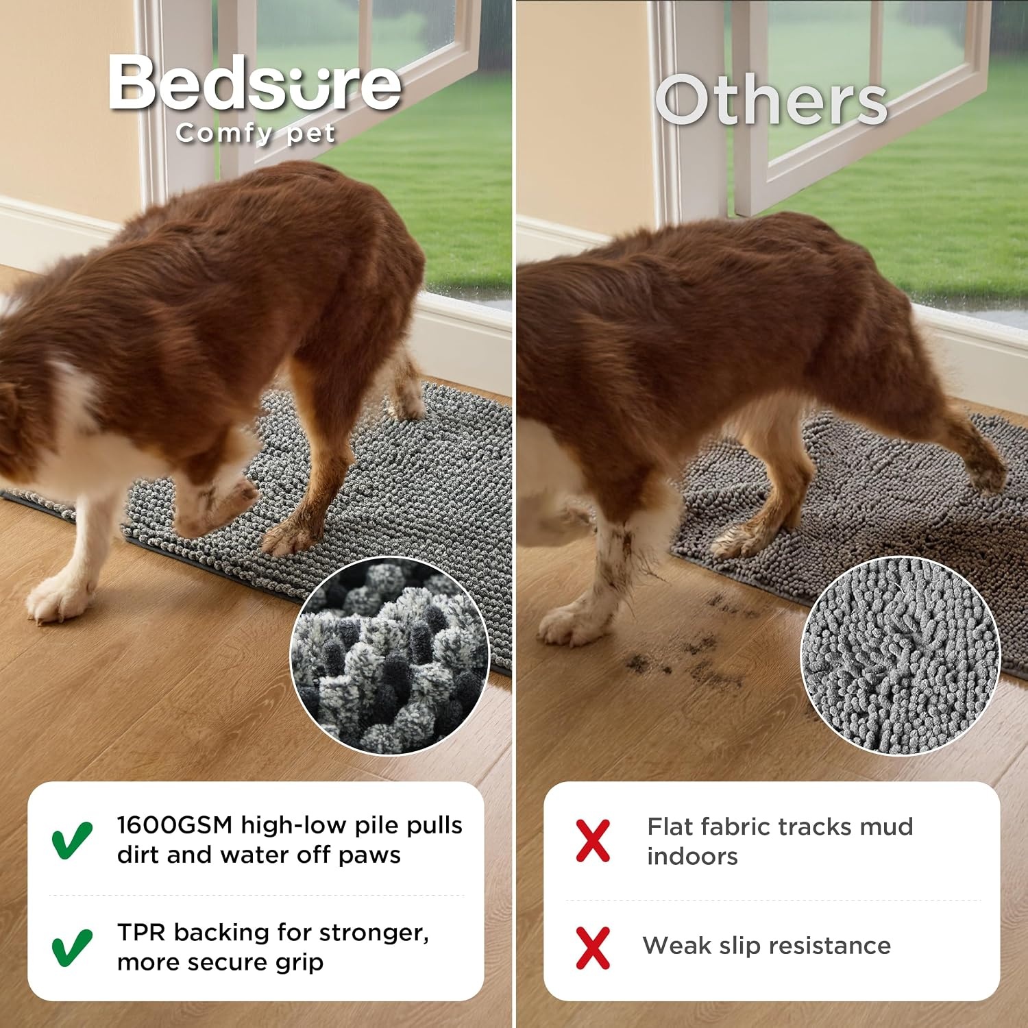 image:imageBedsure Dog Door Mat for Muddy Paws Chenille Indoor Entrance Rug 35x24 HighLow Pile Design UltraAbsorbent and Soft Dirt TrapperMuted GrayWhite MlangeTPR NonSlip BackingMachine WashableSpeckled Gray